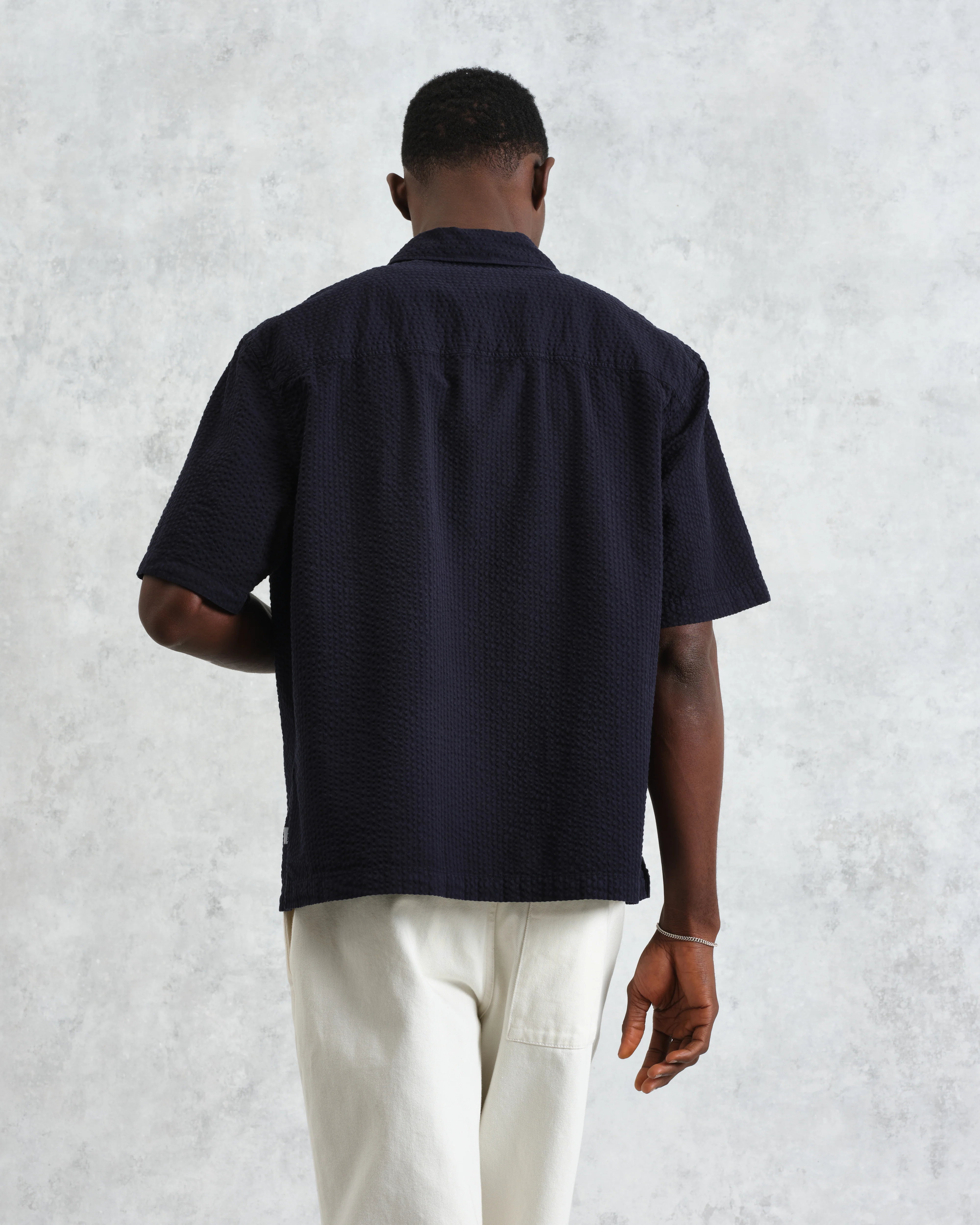Keats - Navy Cotton Seersucker Short-Sleeve Shirt - Image 8