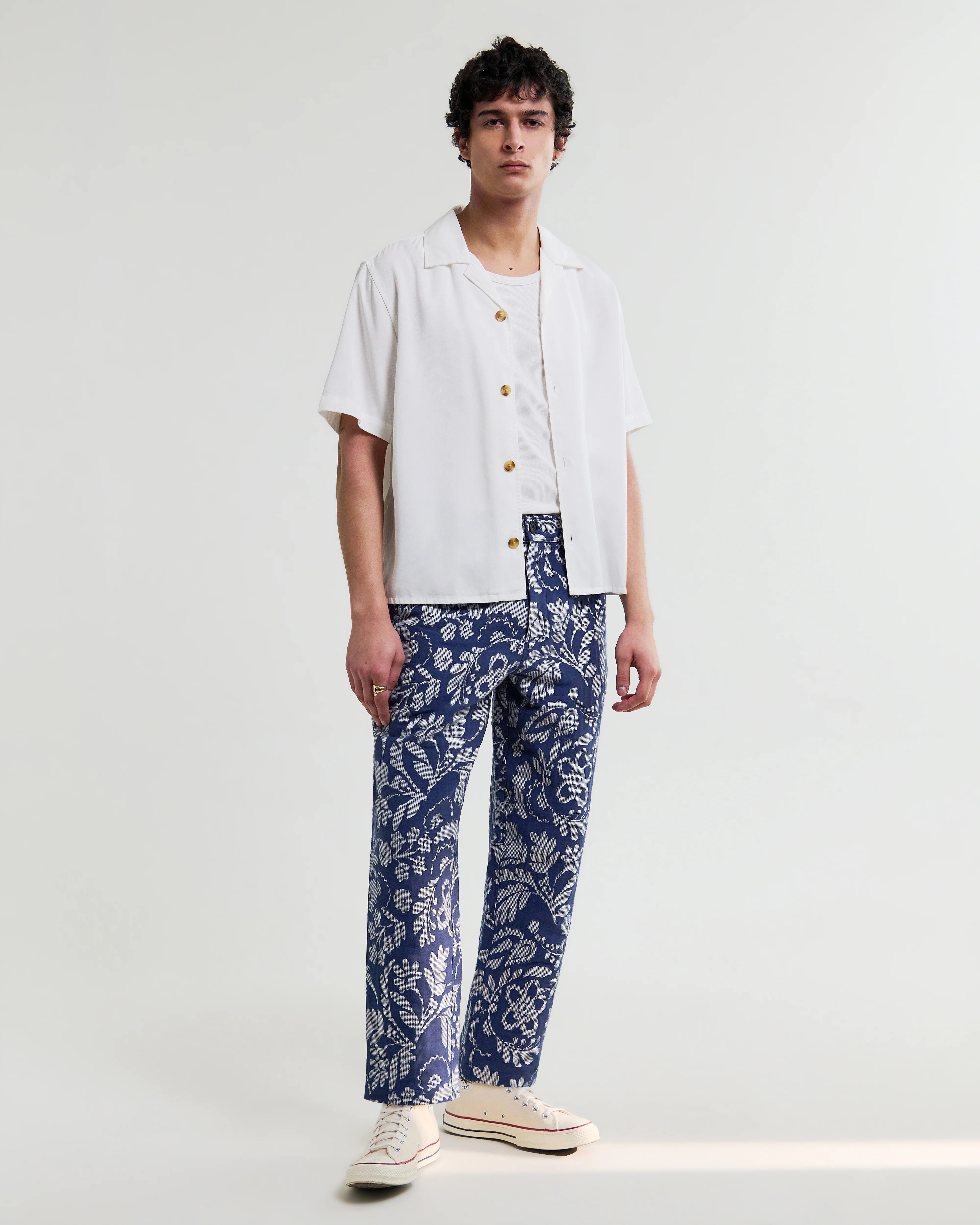 Kurt - Blue And Ecru Floral Jacquard Relaxed Fit Trousers - Image 2