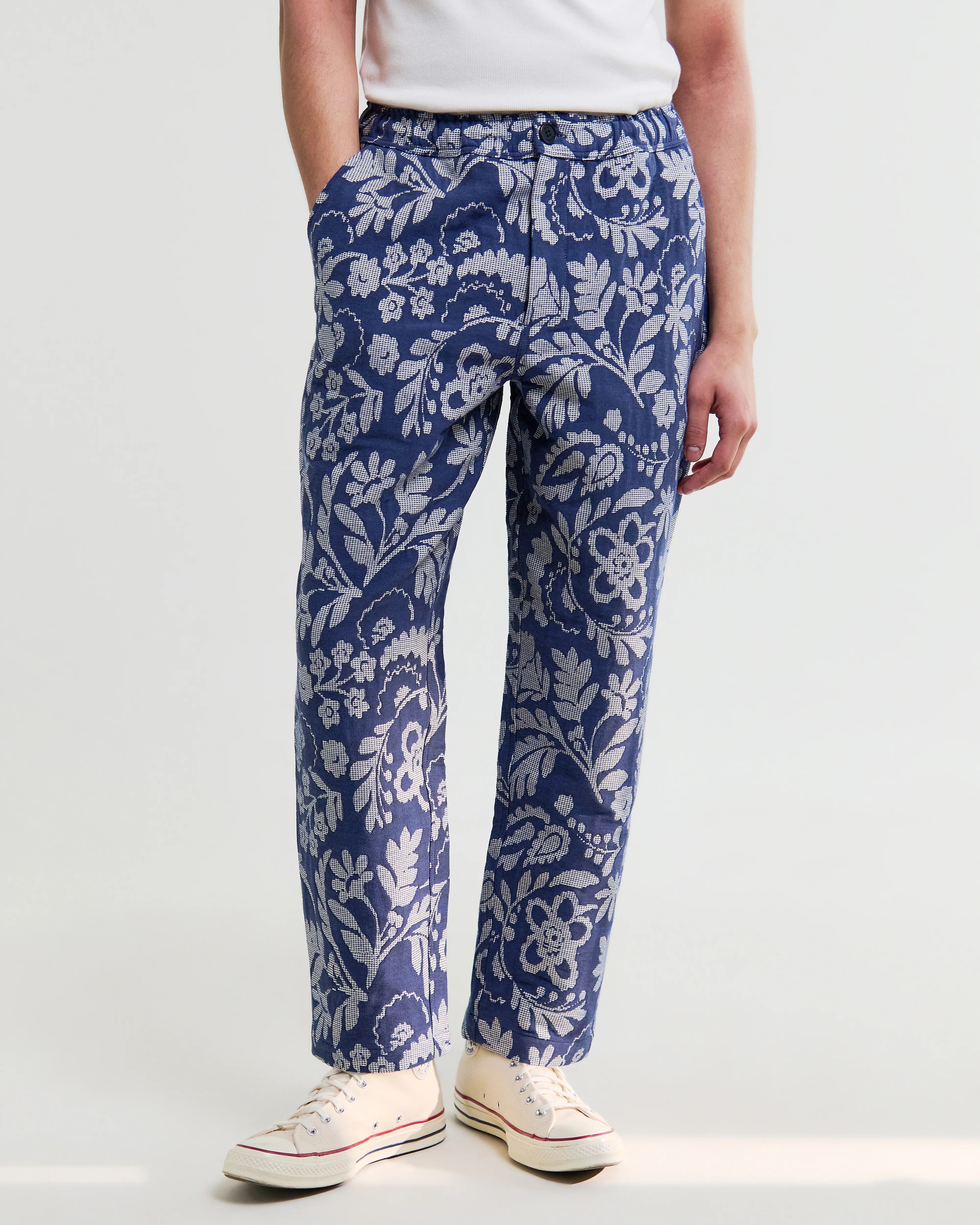 Kurt - Blue And Ecru Floral Jacquard Relaxed Fit Trousers - Image 4
