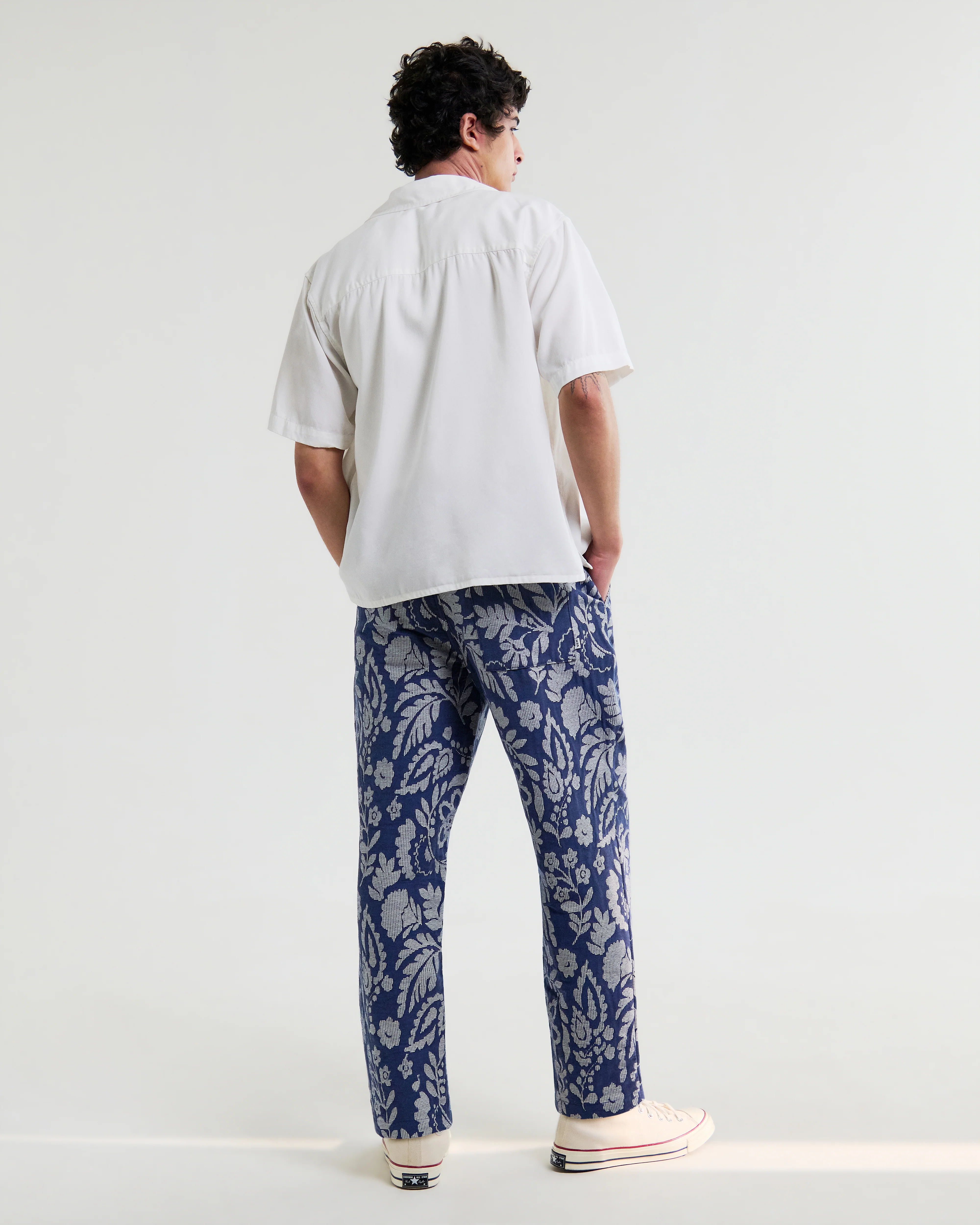 Kurt - Blue And Ecru Floral Jacquard Relaxed Fit Trousers - Image 7