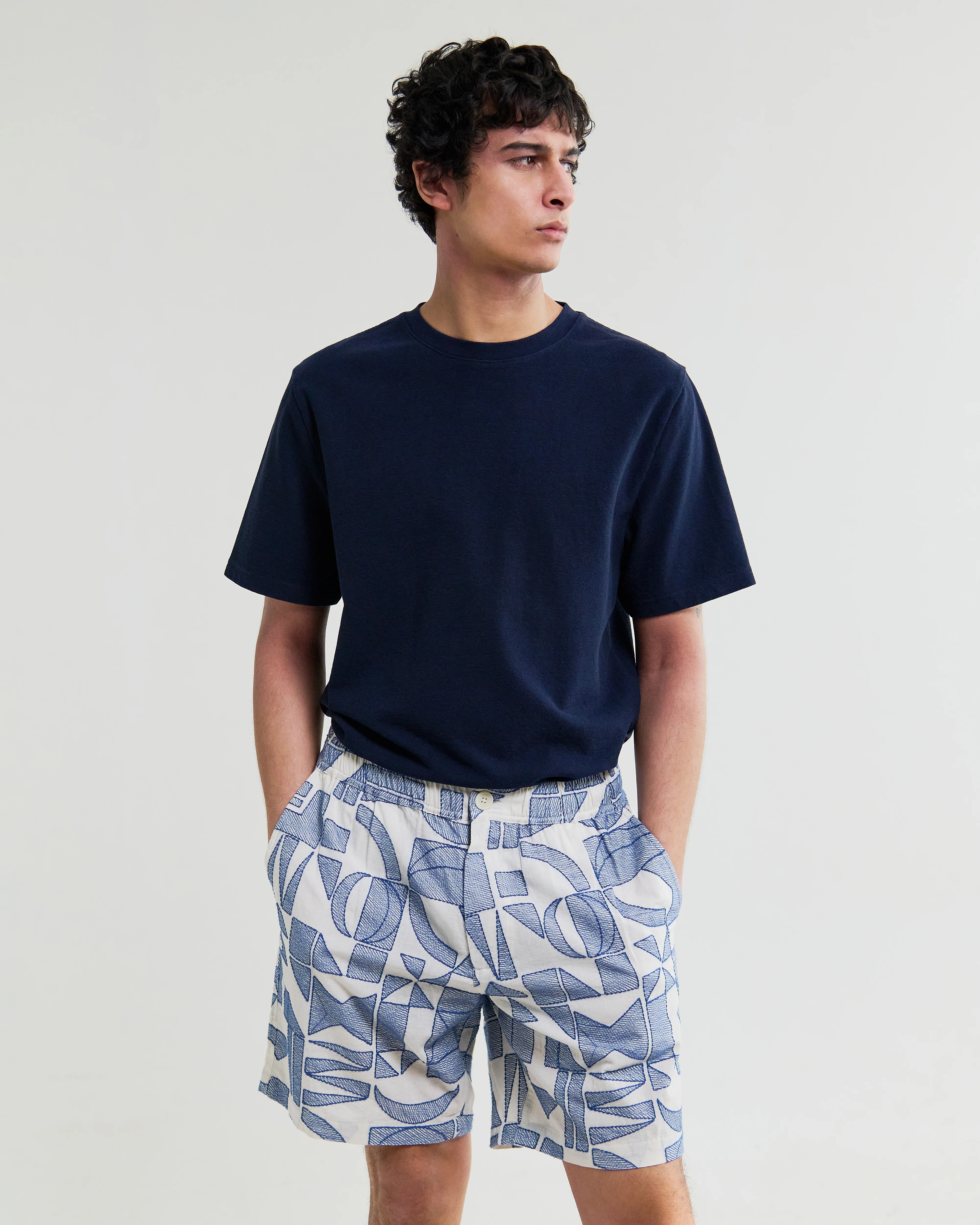 Kurt - Ecru And Blue Geometric Embroidered Shorts - Image 4