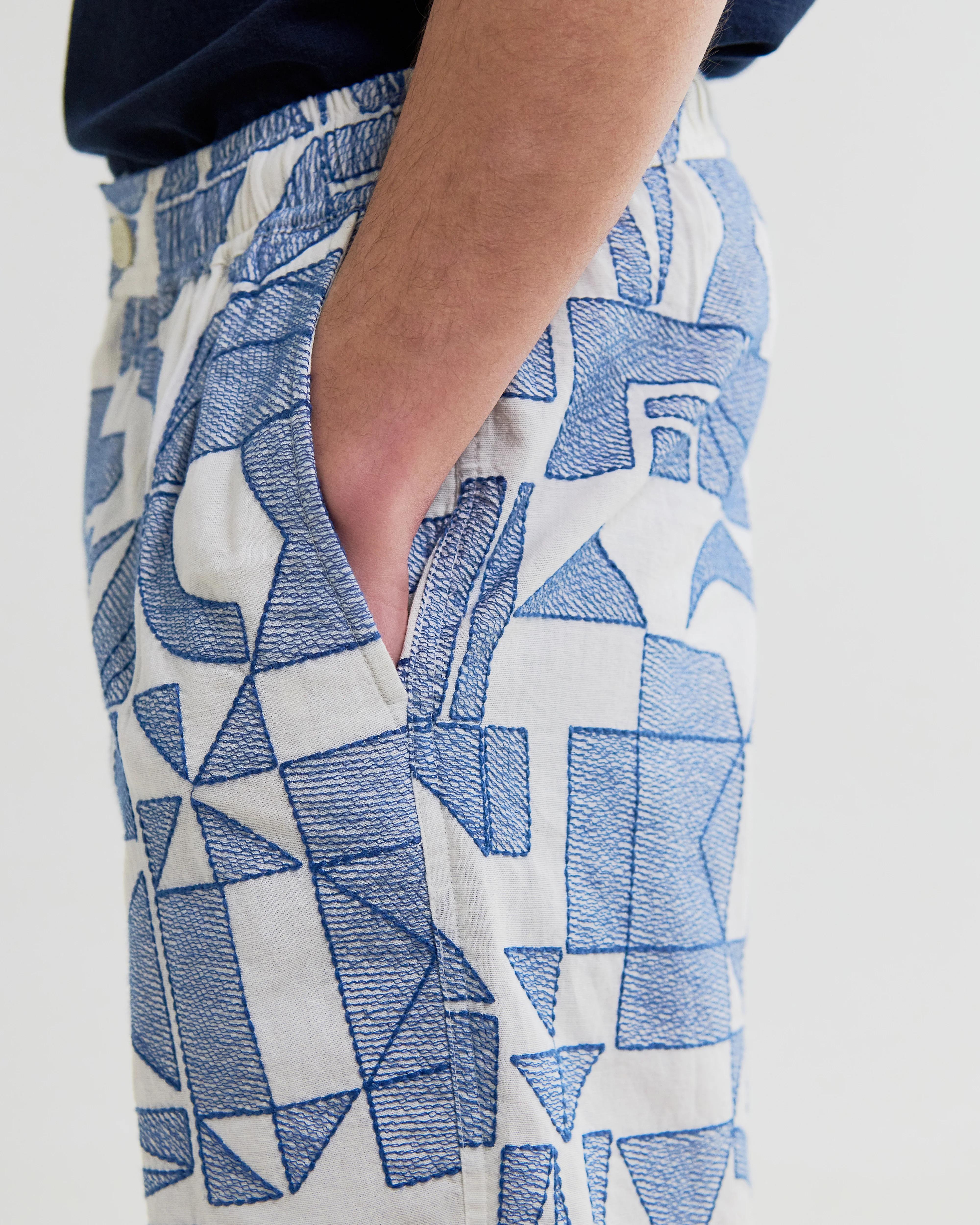 Kurt - Ecru And Blue Geometric Embroidered Shorts - Image 5