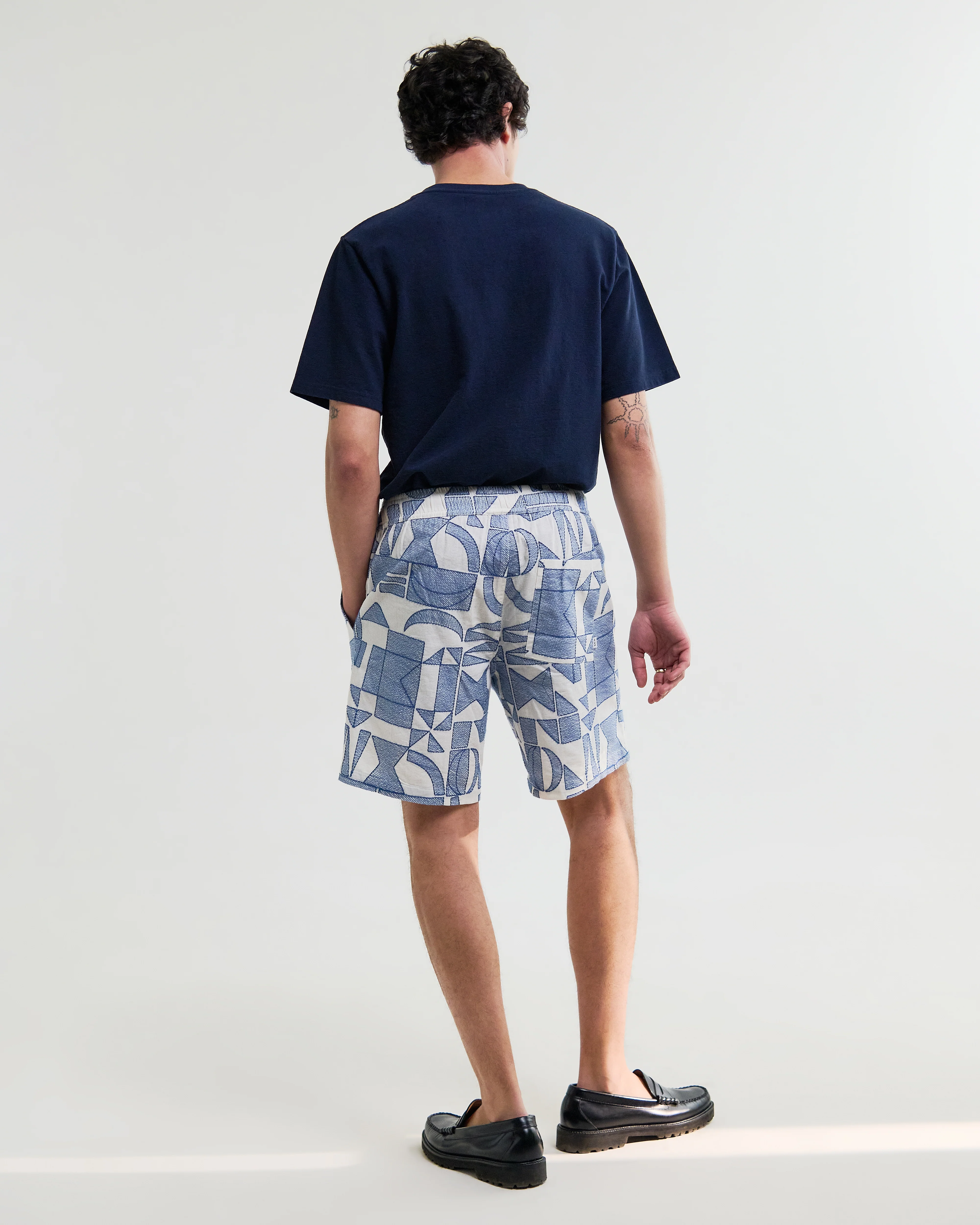 Kurt - Ecru And Blue Geometric Embroidered Shorts - Image 7