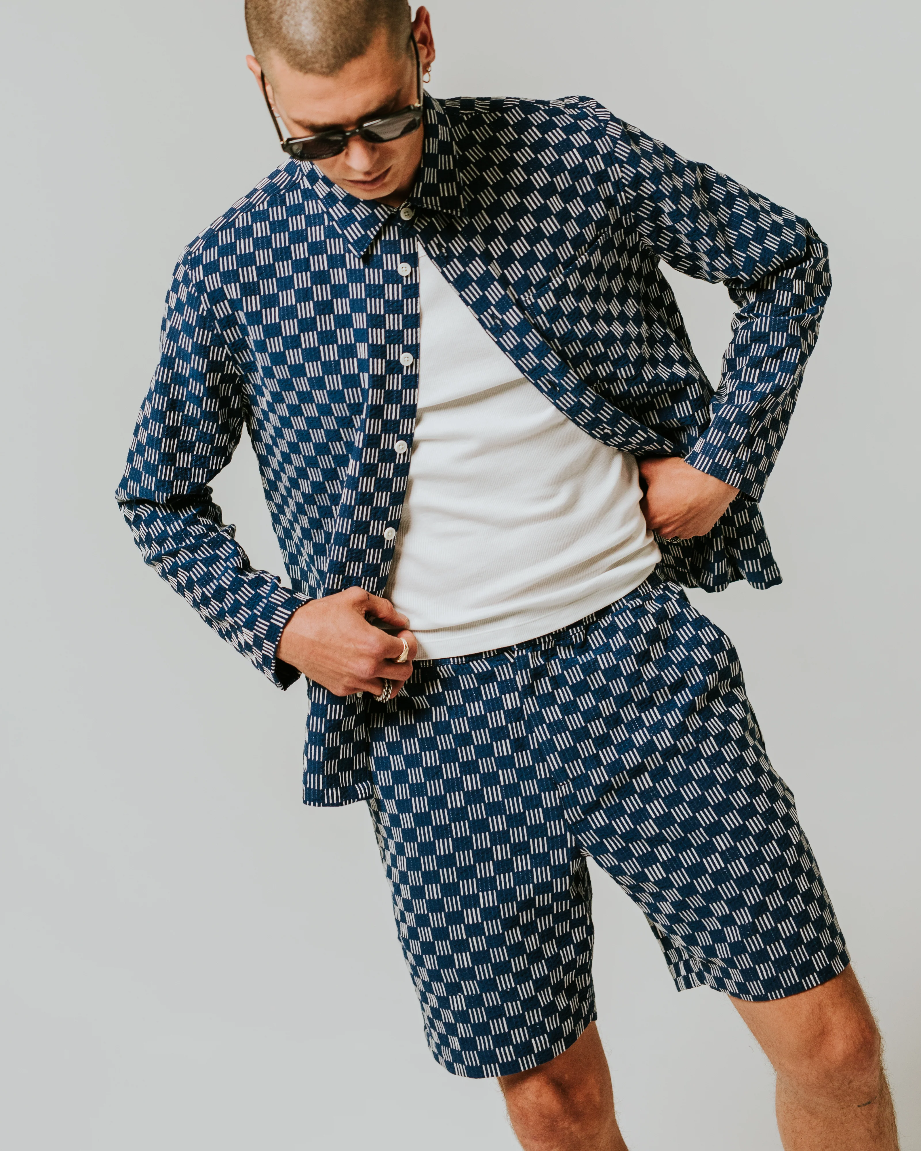 Kurt - Indigo And Ecru Geometric Grid Stitch Shorts - Image 2