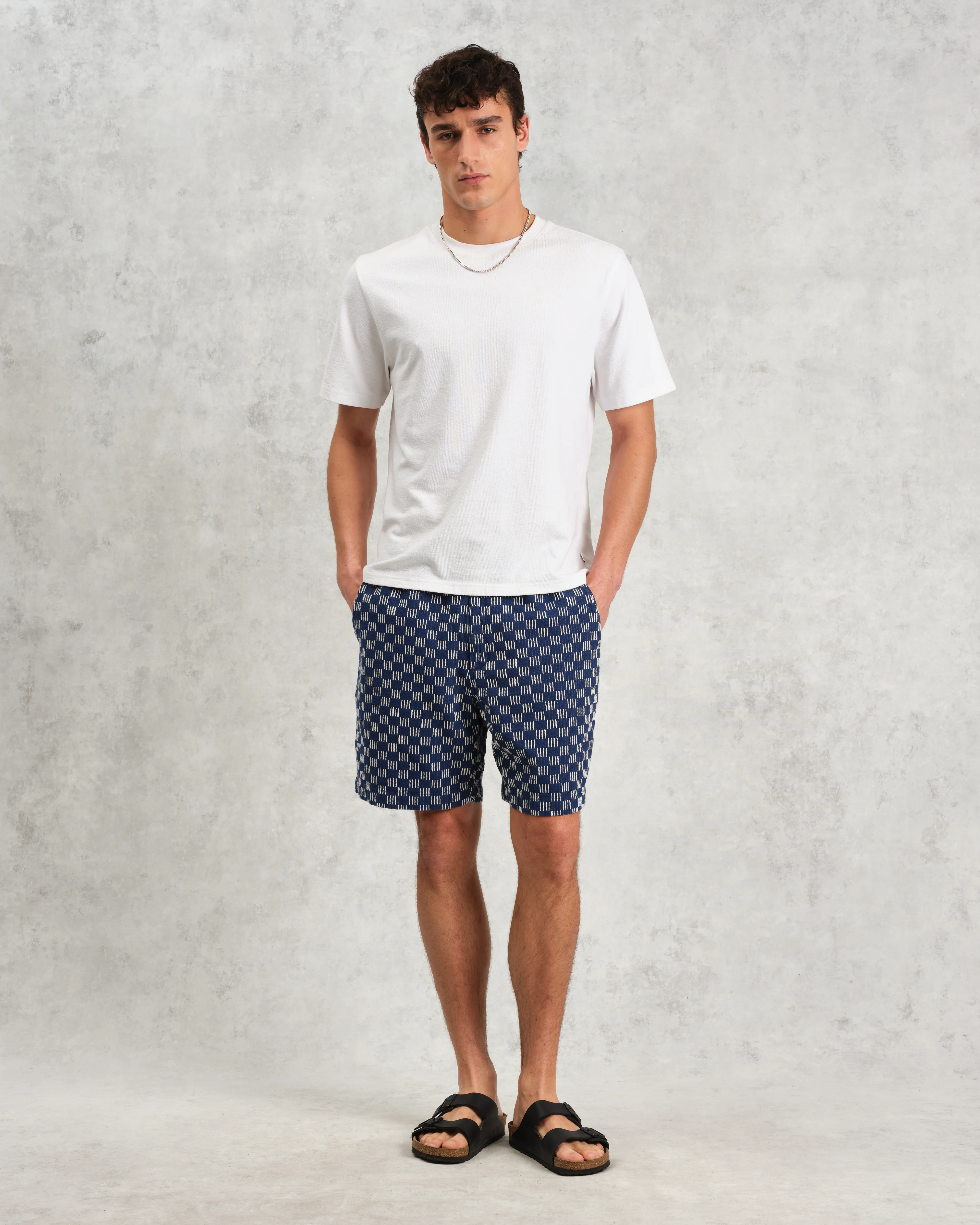 Kurt - Indigo And Ecru Geometric Grid Stitch Shorts - Image 3