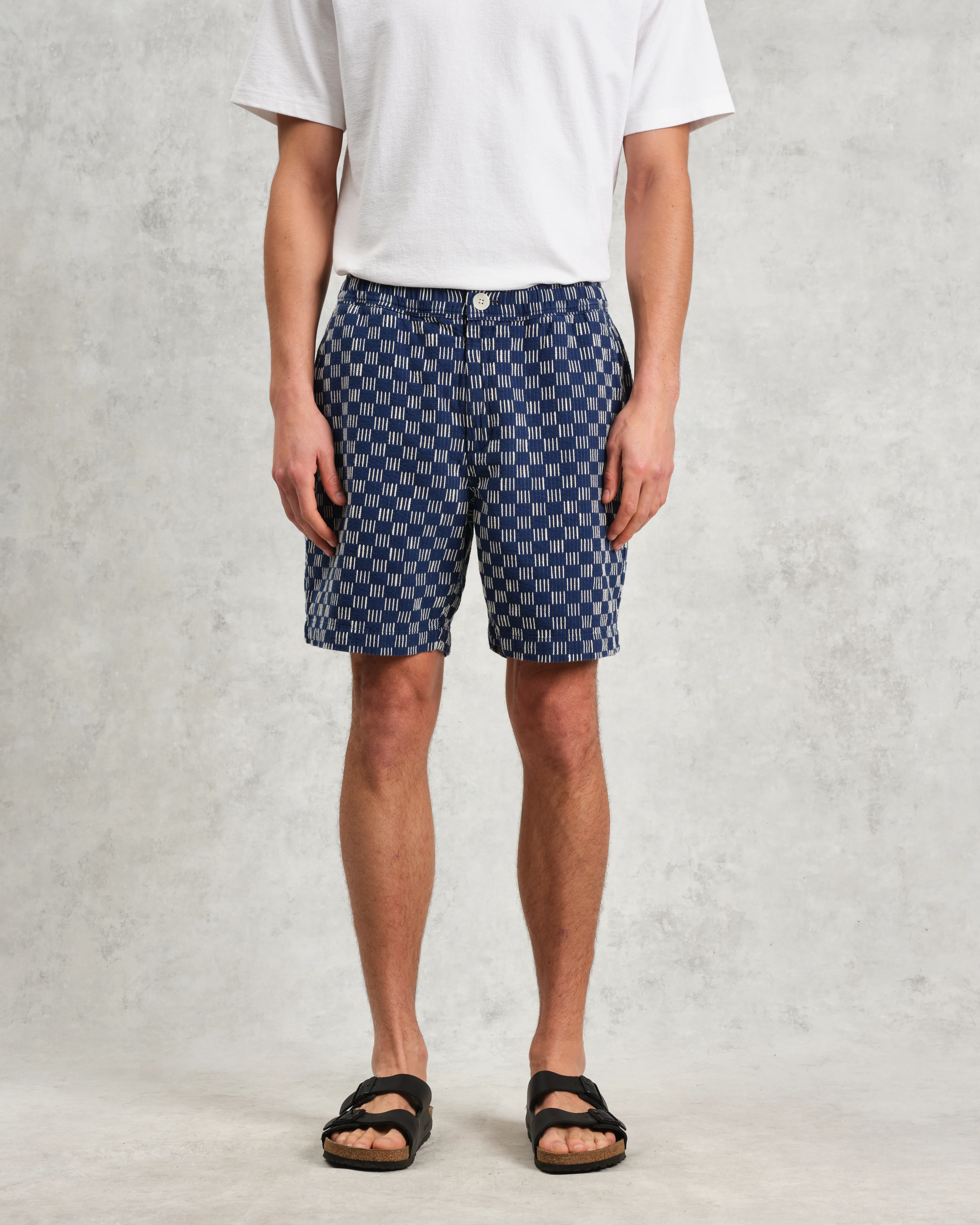Kurt - Indigo And Ecru Geometric Grid Stitch Shorts - Image 4