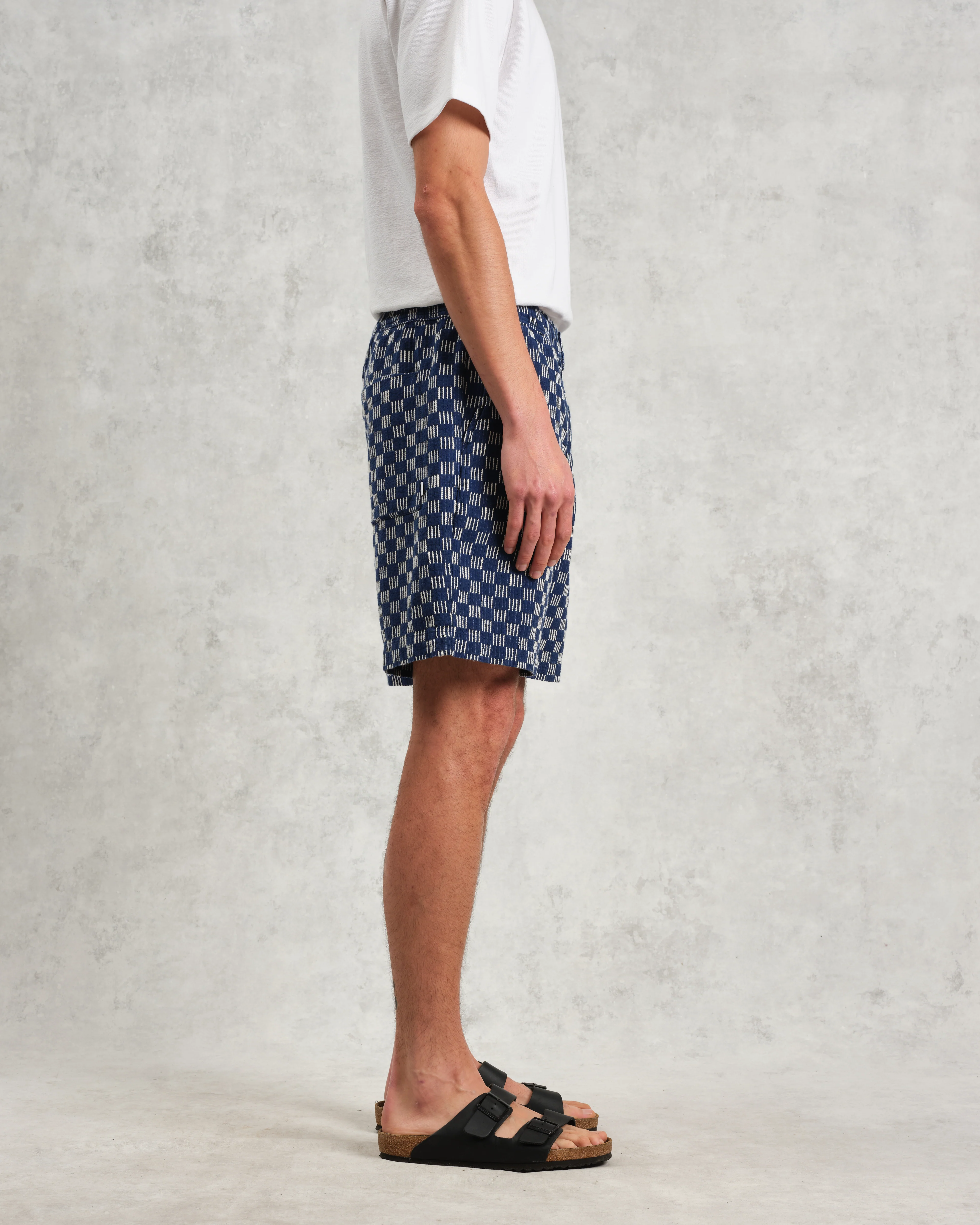 Kurt - Indigo And Ecru Geometric Grid Stitch Shorts - Image 5