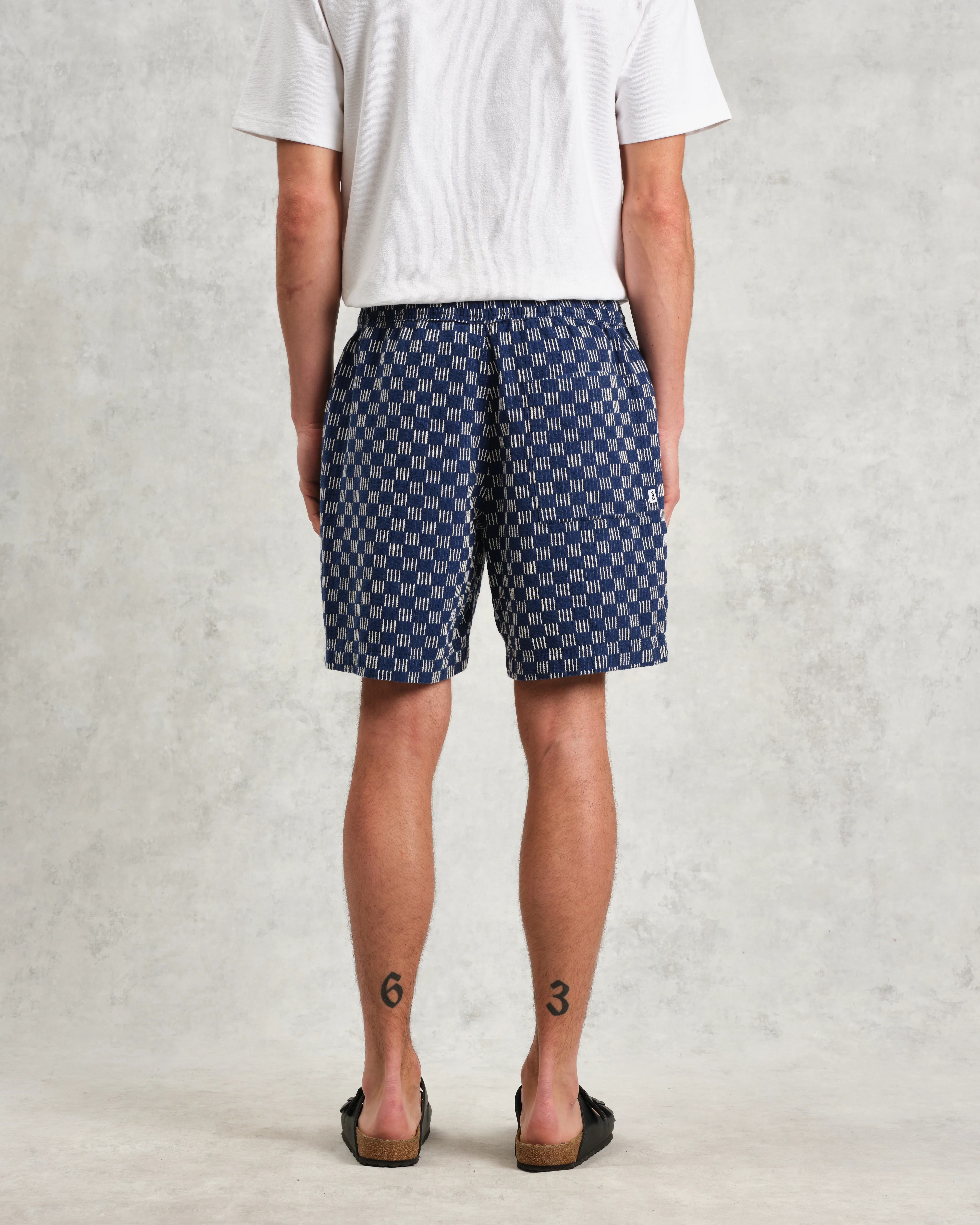 Kurt - Indigo And Ecru Geometric Grid Stitch Shorts - Image 6