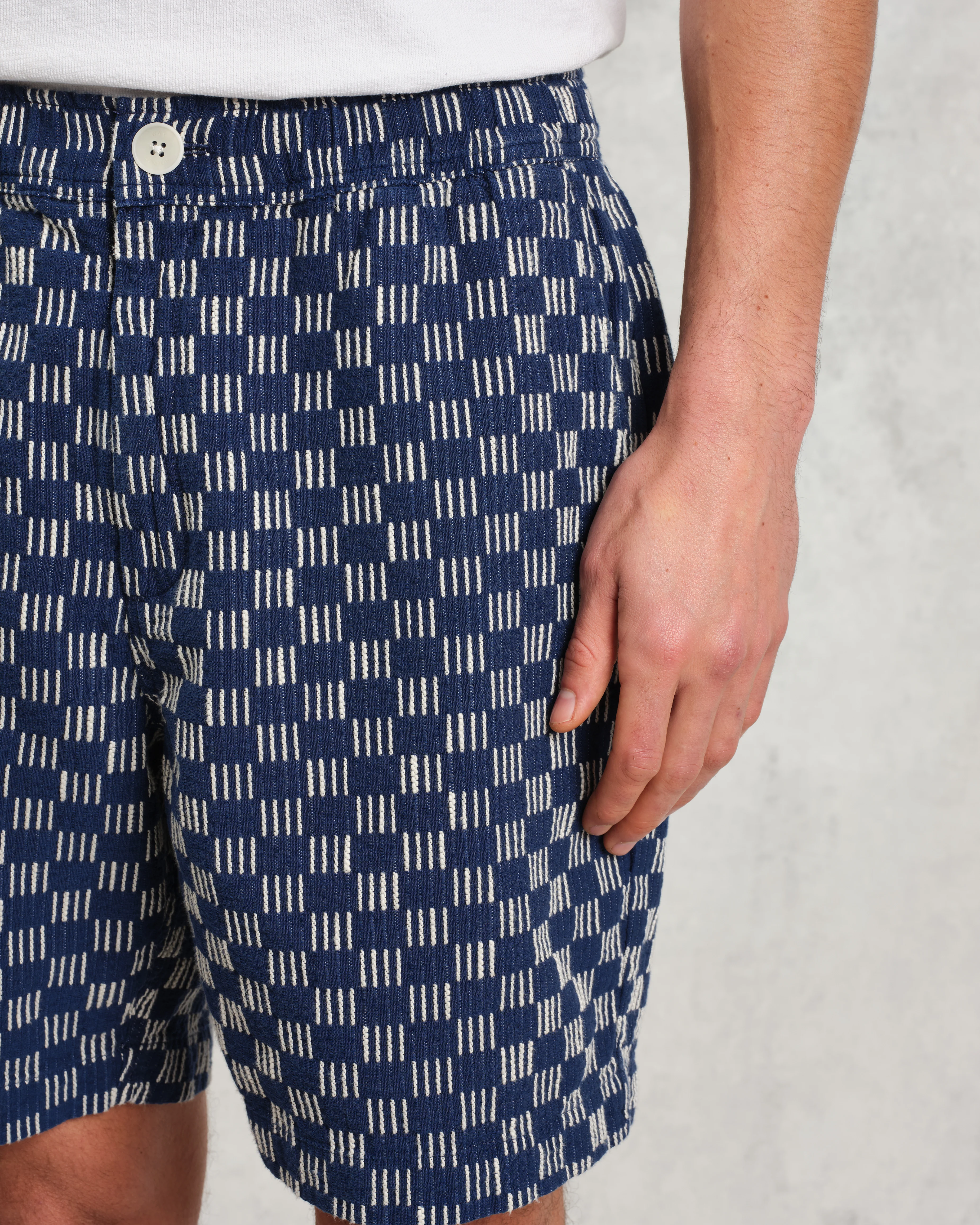 Kurt - Indigo And Ecru Geometric Grid Stitch Shorts - Image 7