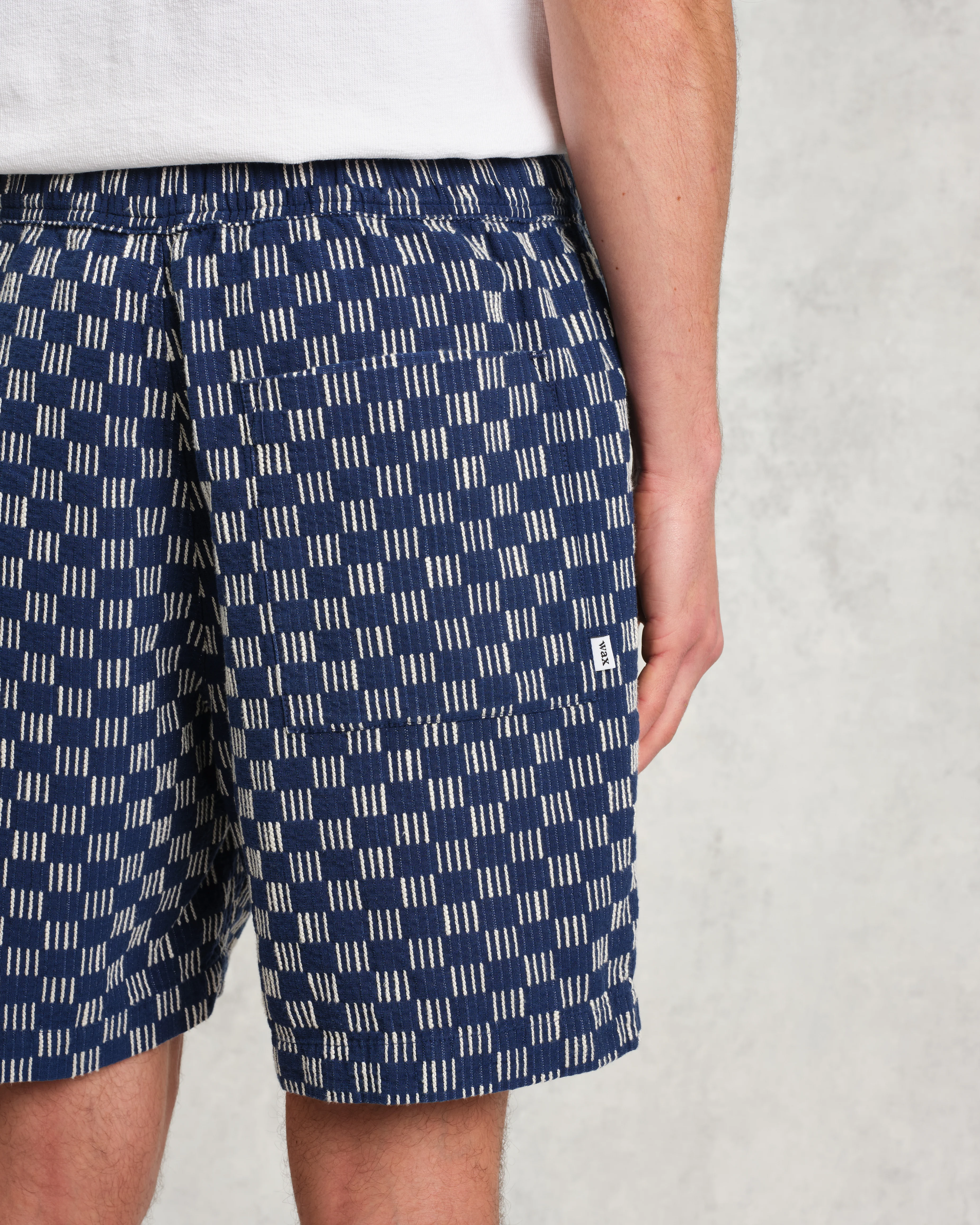Kurt - Indigo And Ecru Geometric Grid Stitch Shorts - Image 8