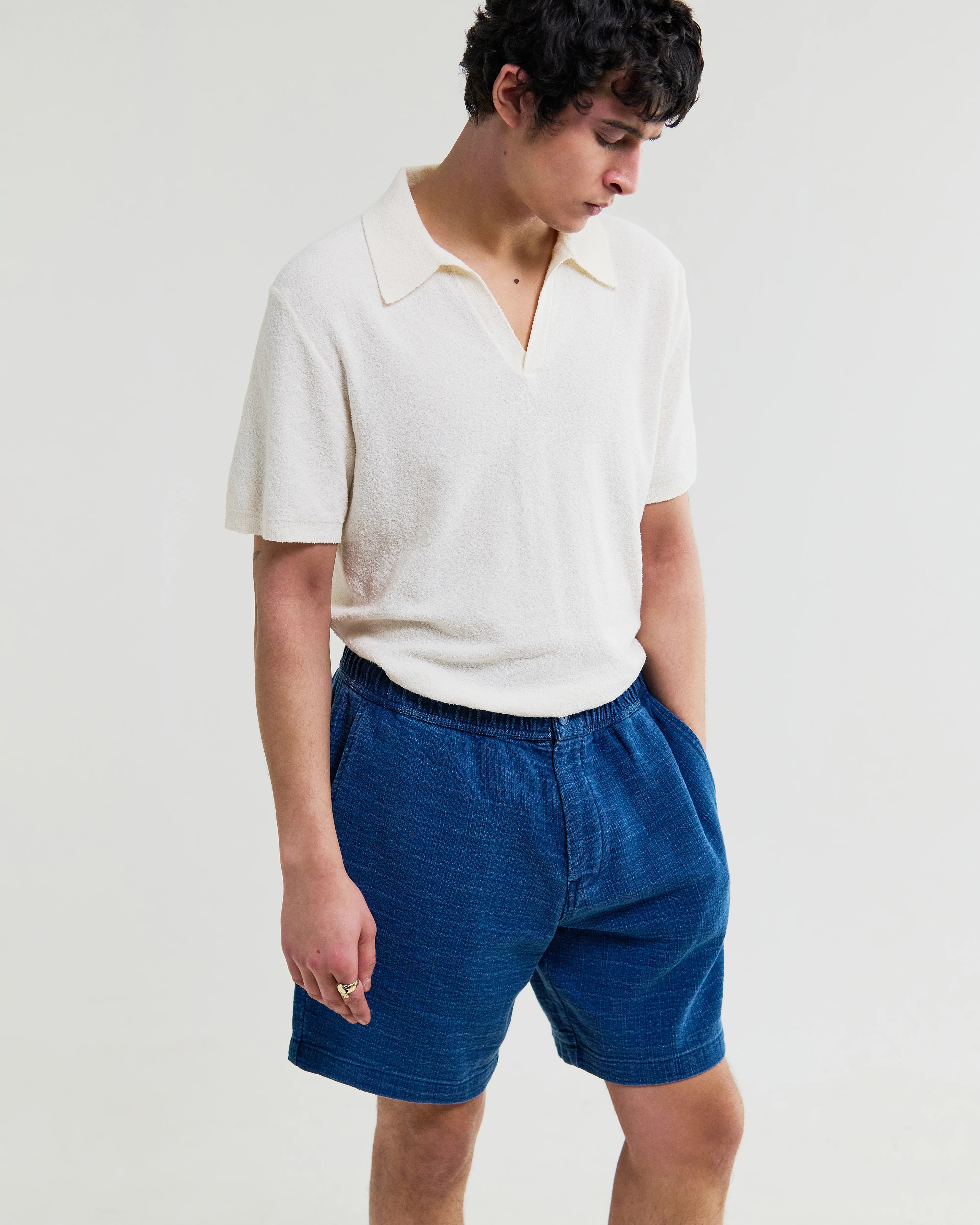 Kurt - Indigo Dobby Textured Organic Cotton Shorts - Image 3