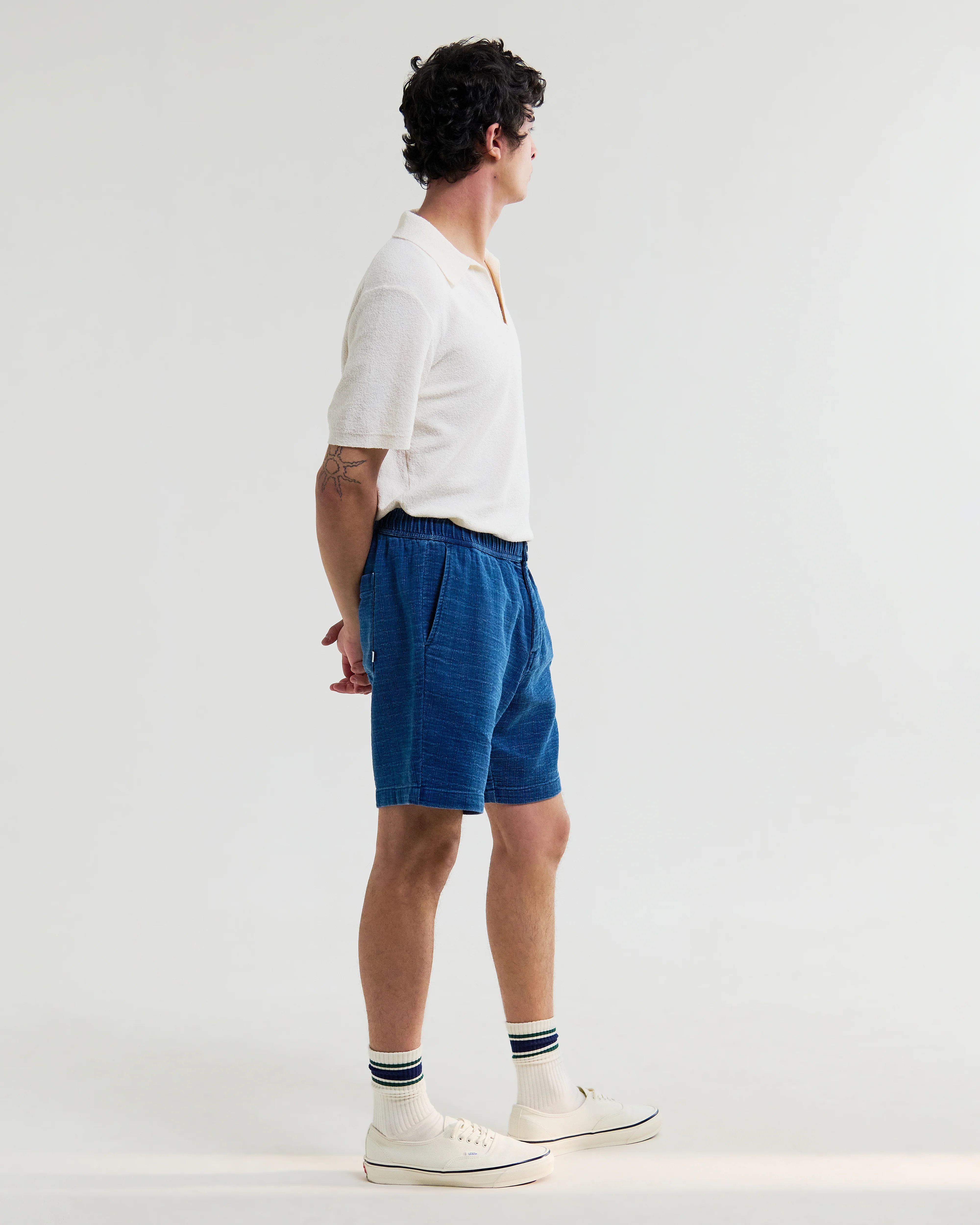 Kurt - Indigo Dobby Textured Organic Cotton Shorts - Image 4