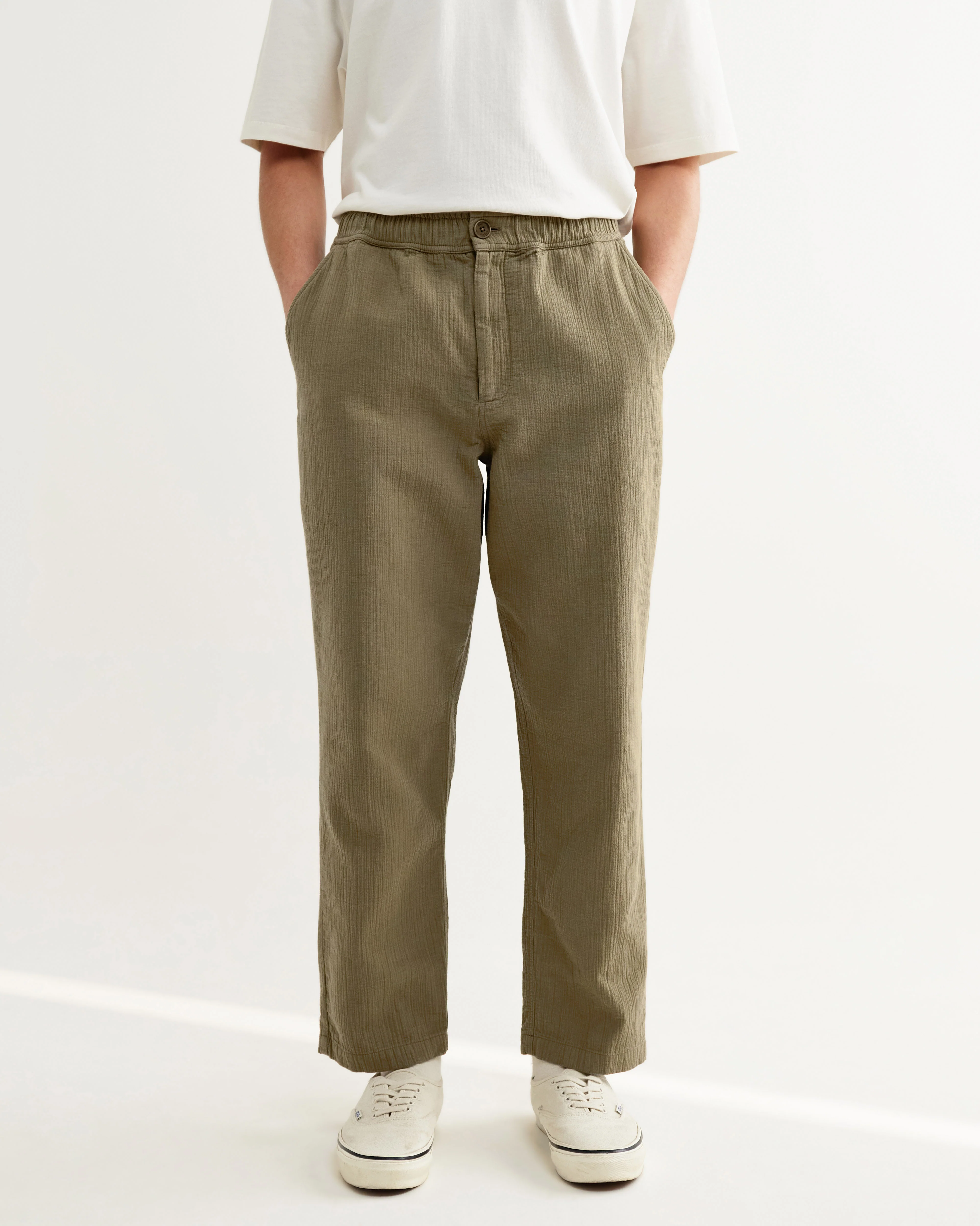 Kurt - Khaki Crinkle Cotton-Linen Relaxed Fit Trousers - Image 3