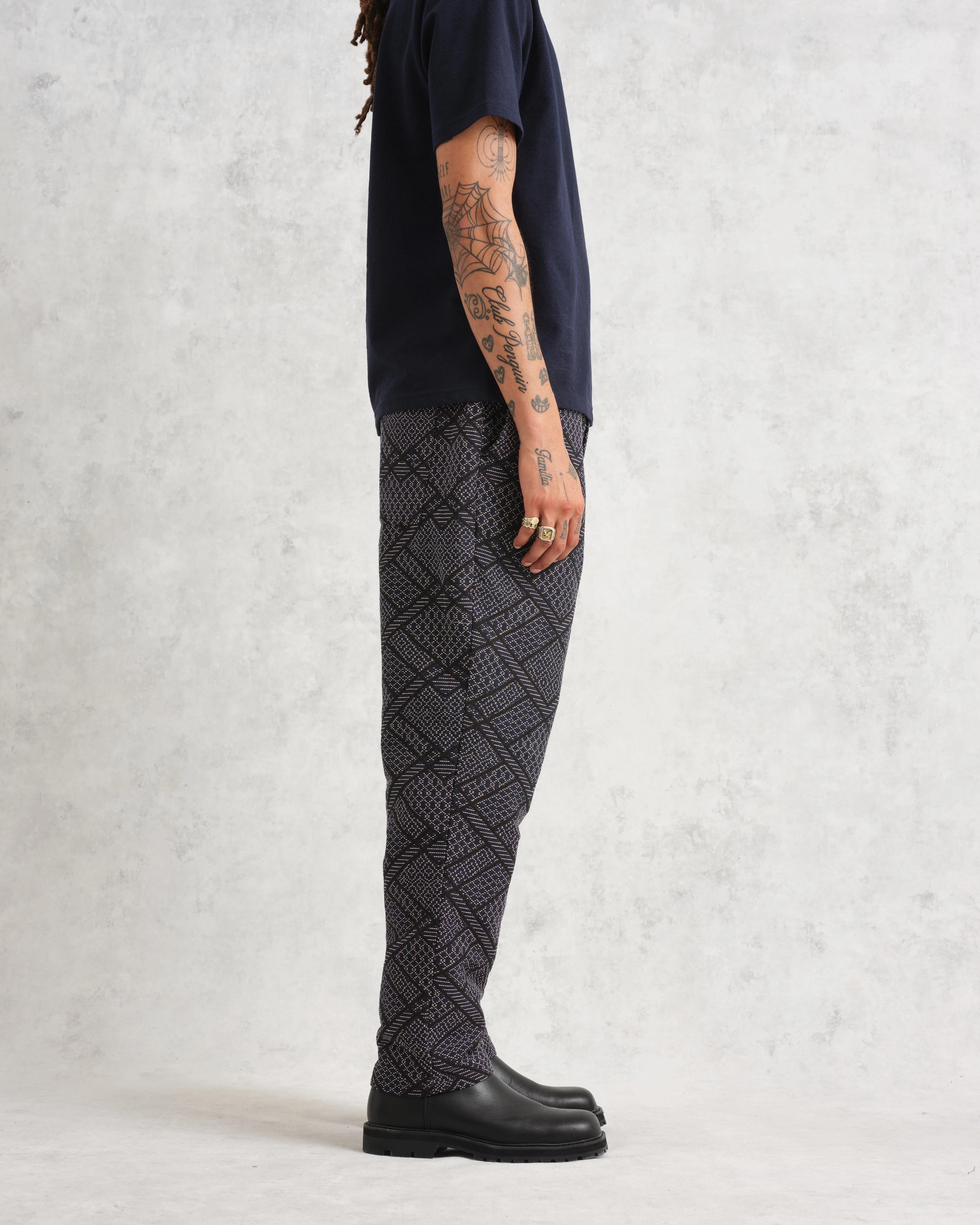 Kurt - Navy Diamond Stitch Jacquard Trousers - Image 5
