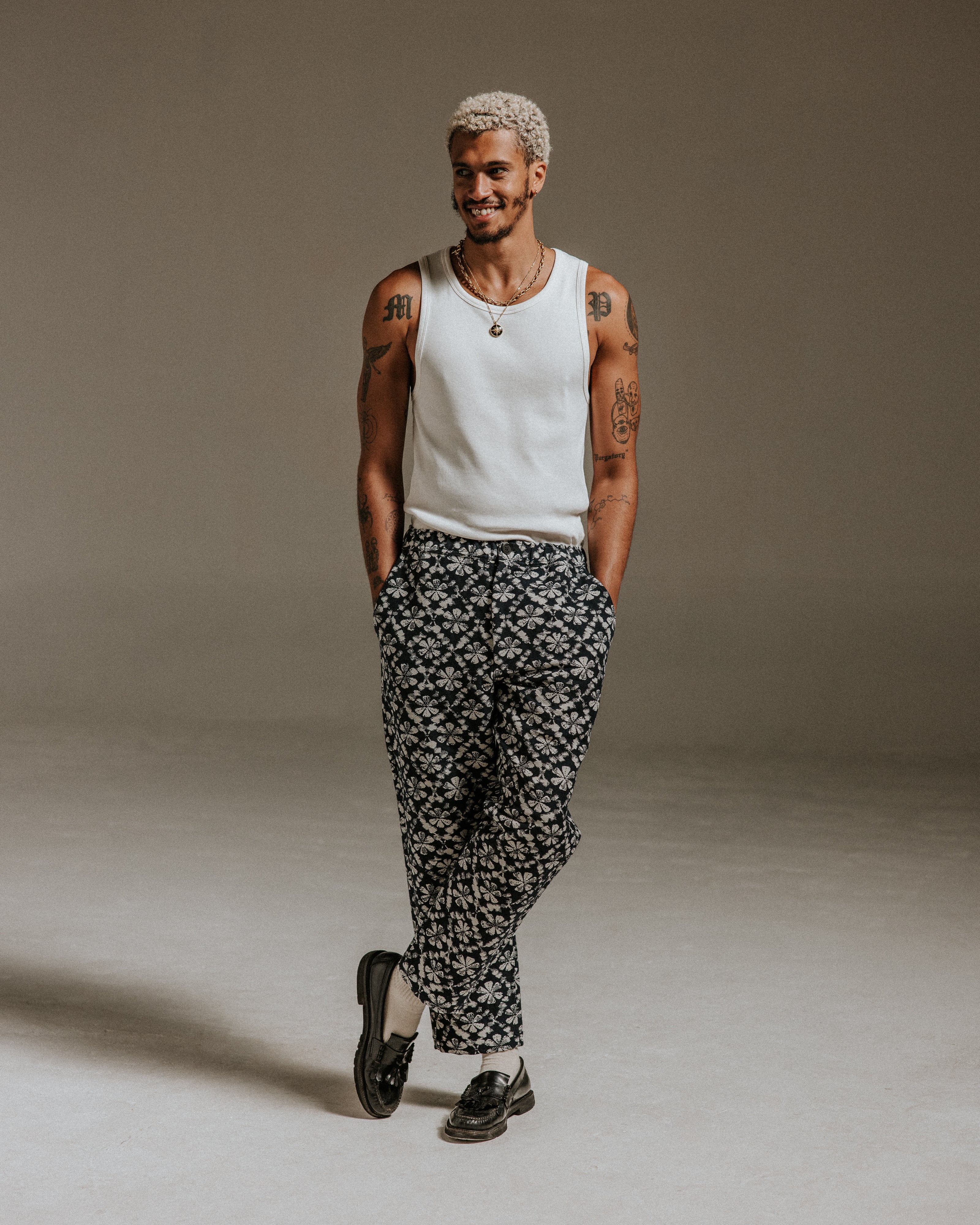 Kurt - Navy Flower Stamp Jacquard Trousers - Image 3