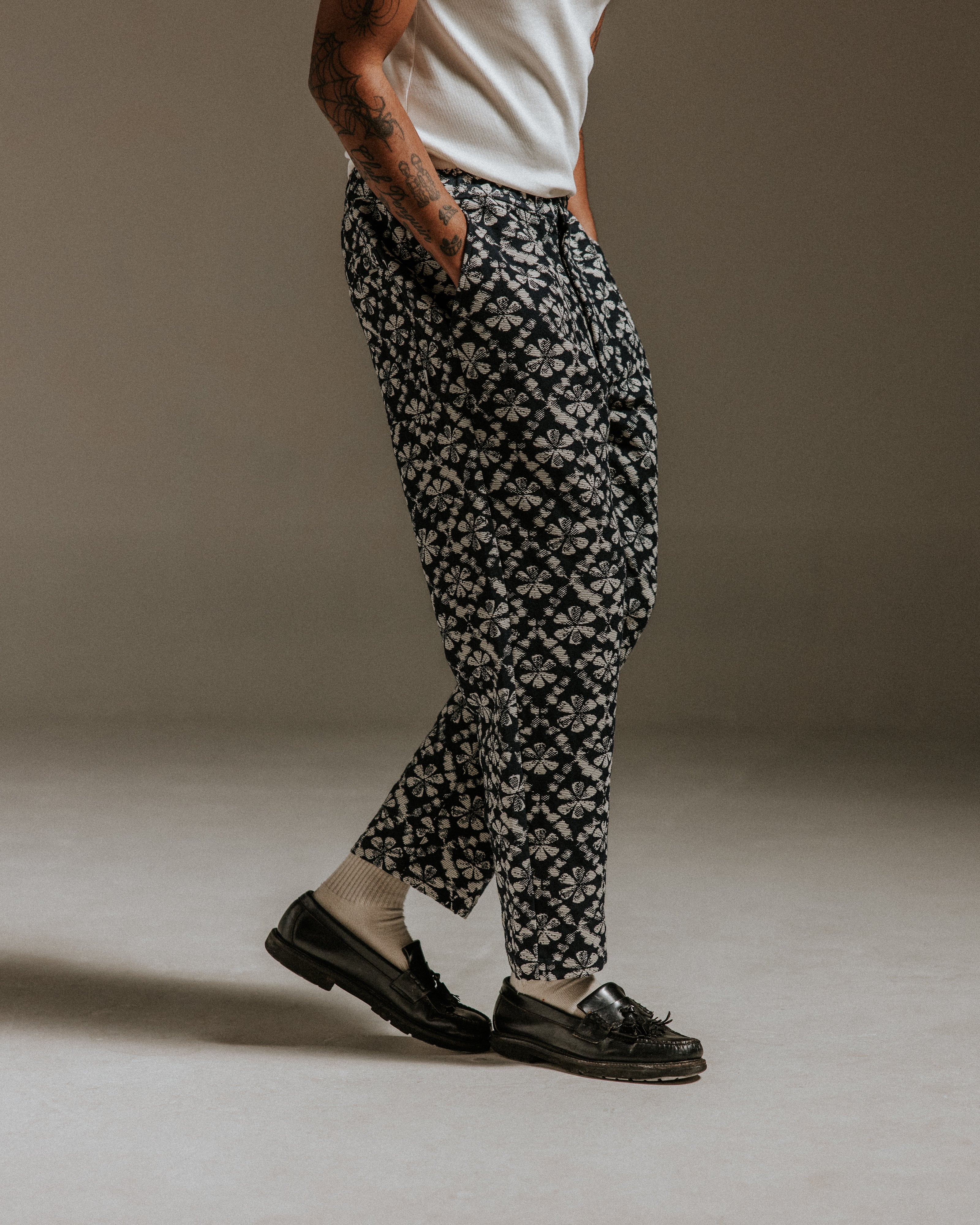 Kurt - Navy Flower Stamp Jacquard Trousers - Image 5