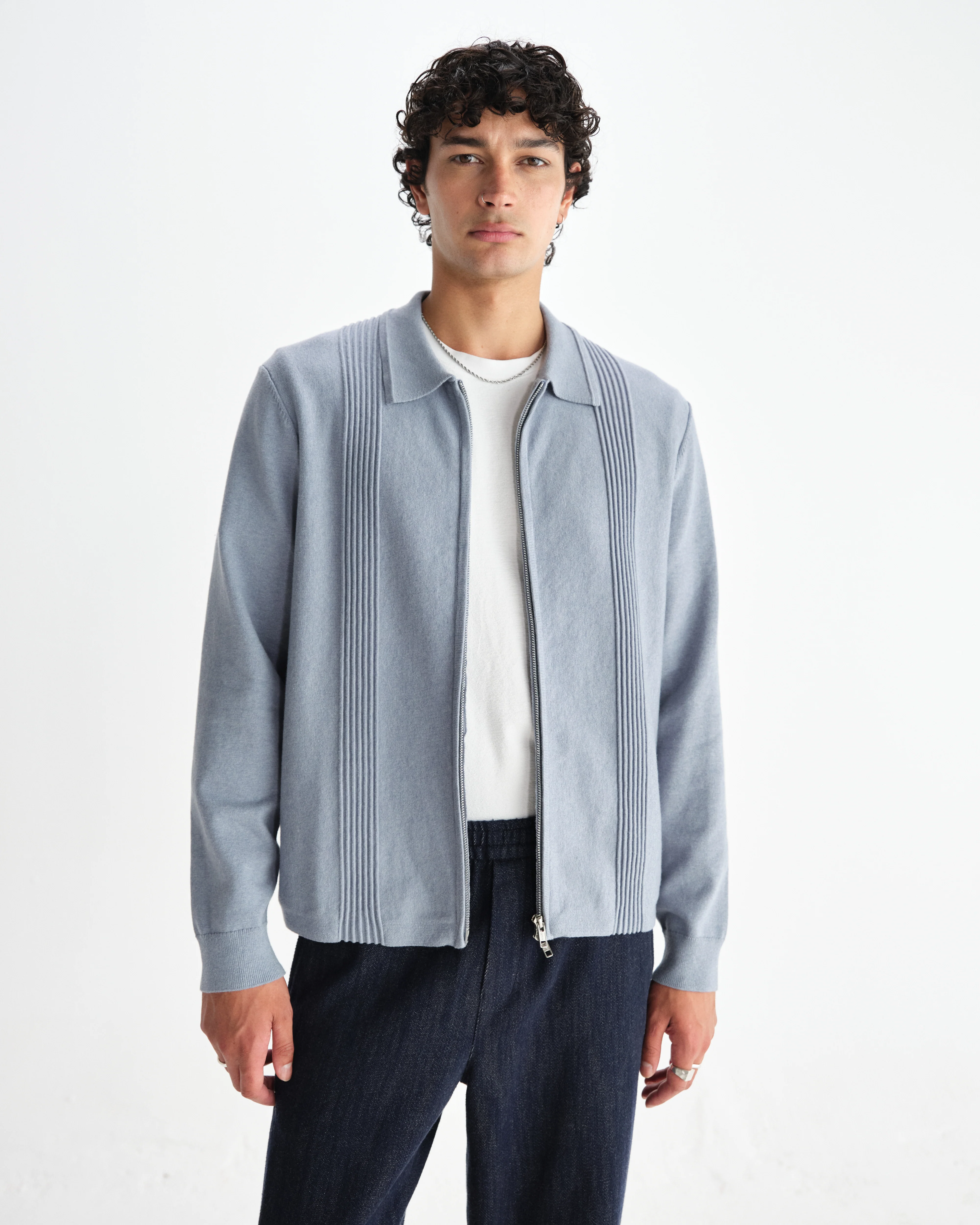 Lennox - Grey Blue Milano Stripe Knitted Polo - Image 2