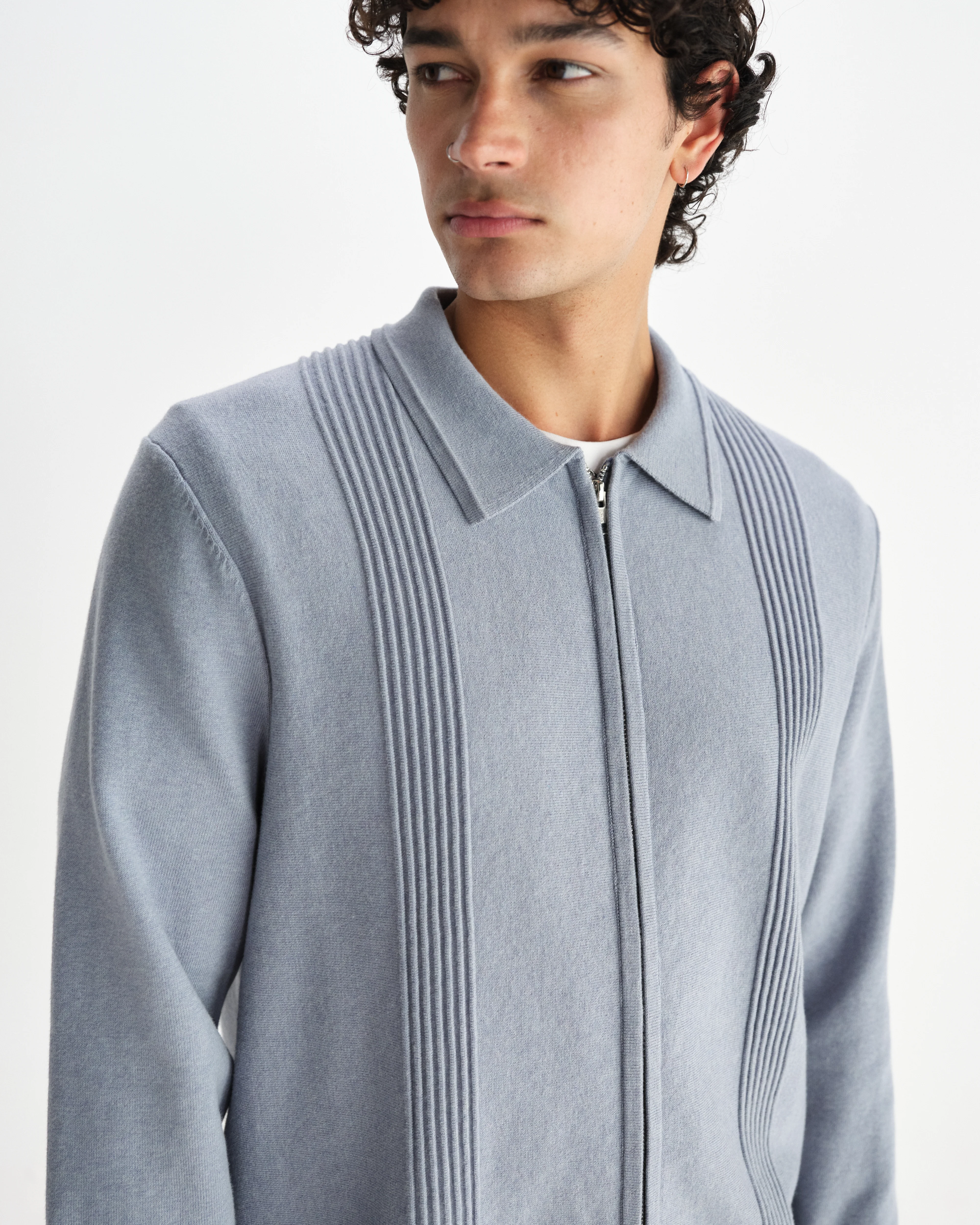 Lennox - Grey Blue Milano Stripe Knitted Polo - Image 3