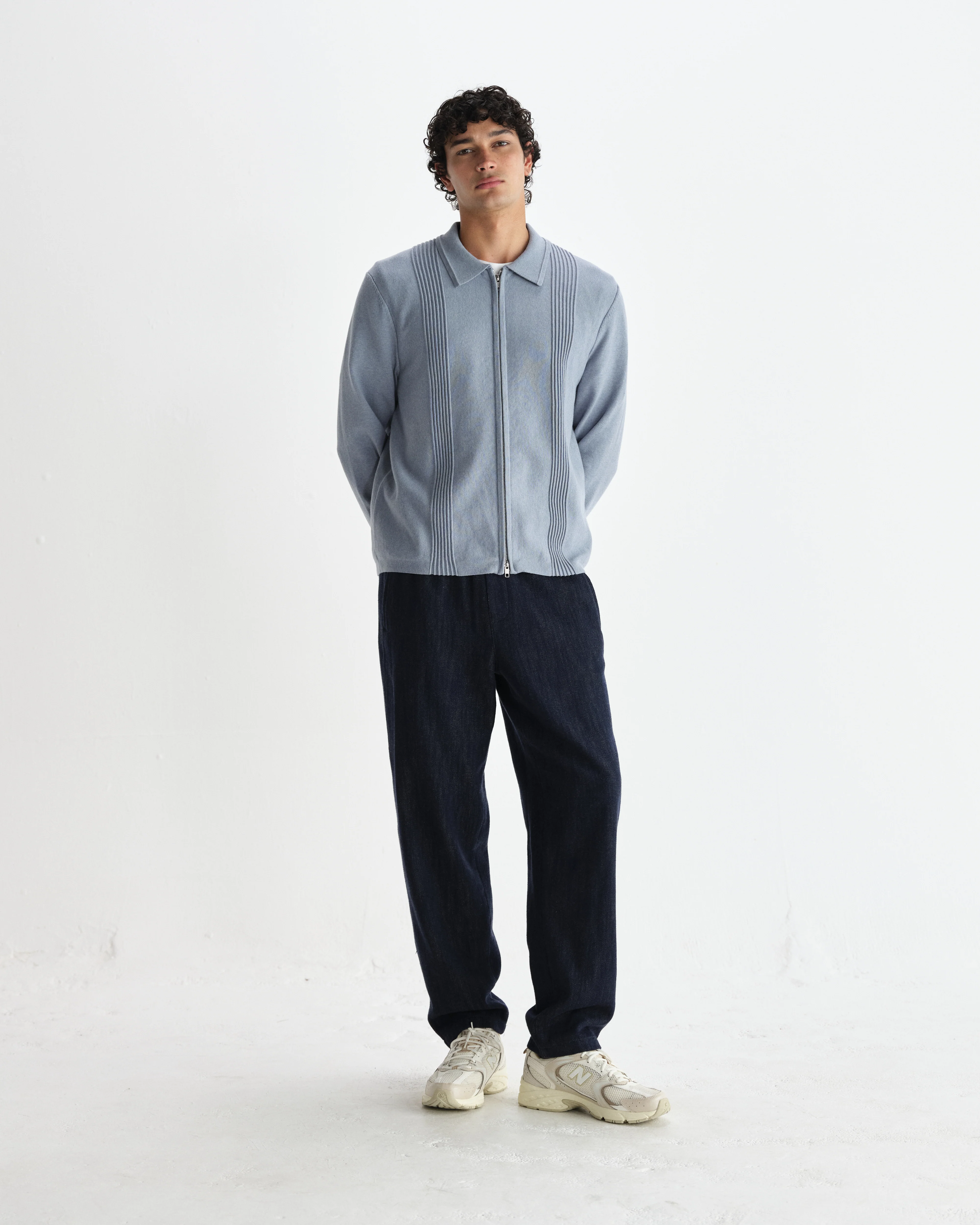 Lennox - Grey Blue Milano Stripe Knitted Polo - Image 4