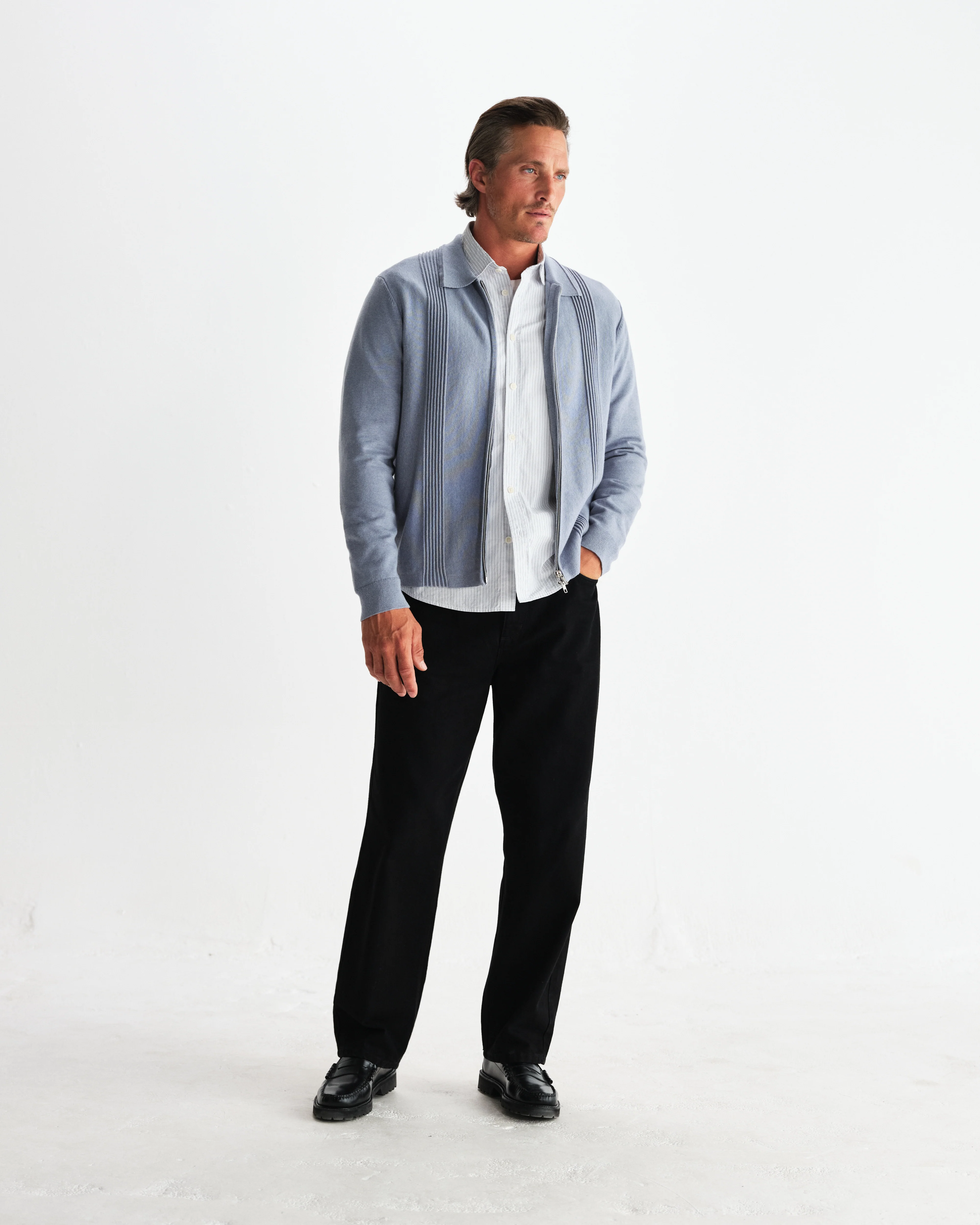 Lennox - Grey Blue Milano Stripe Knitted Polo - Image 7