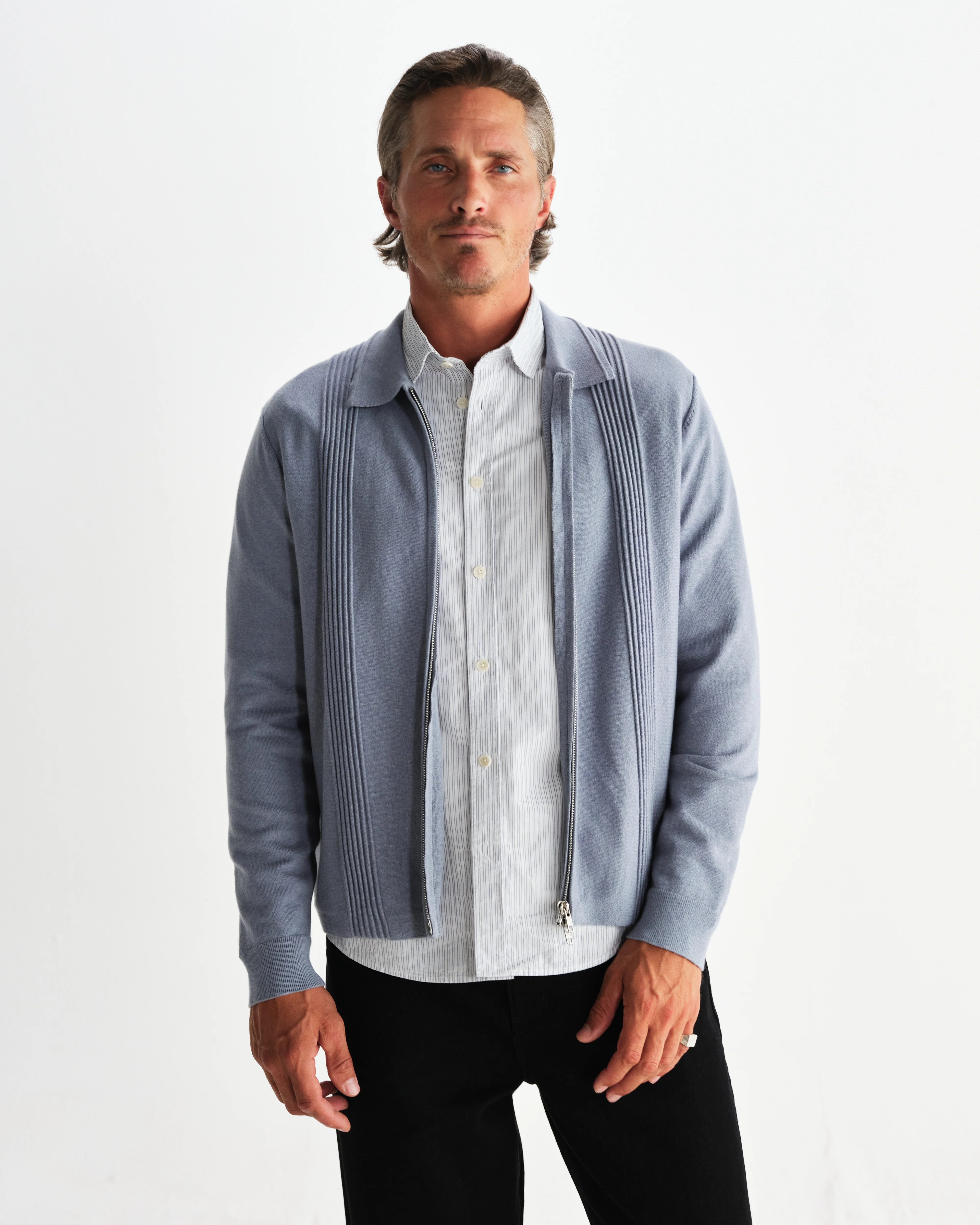 Lennox - Grey Blue Milano Stripe Knitted Polo - Image 8