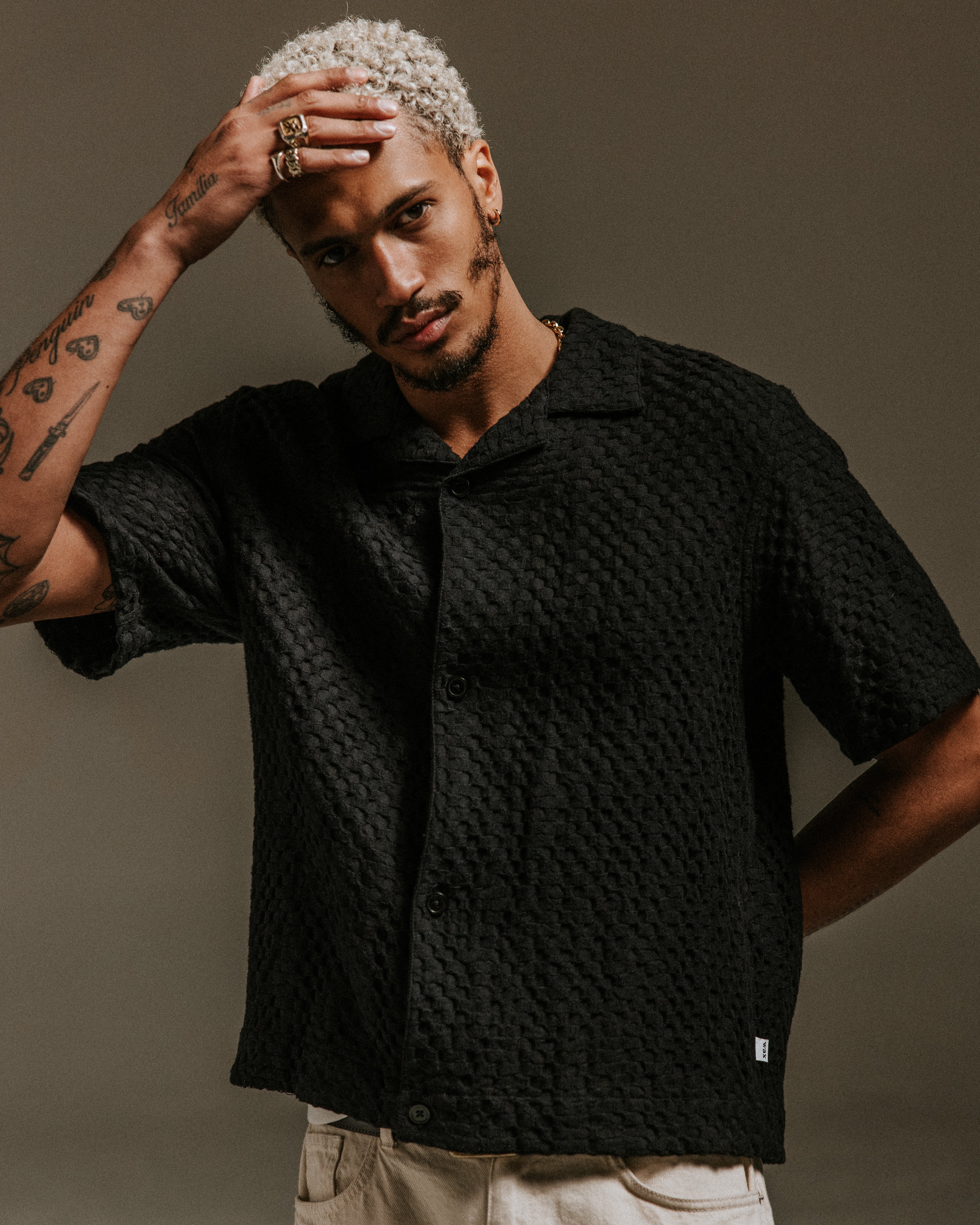 Lido - Black Dobby Cotton Weave Short-Sleeve Shirt - Image 2