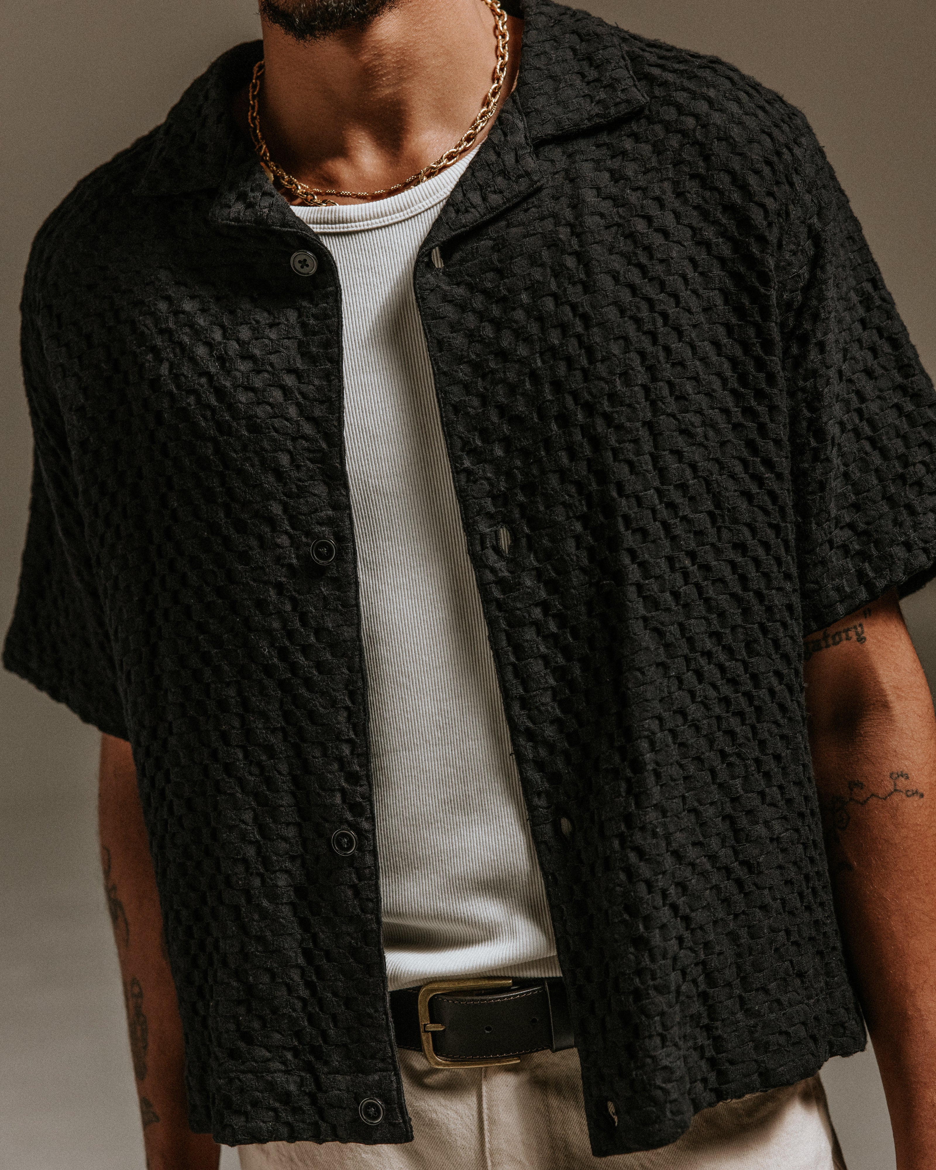 Lido - Black Dobby Cotton Weave Short-Sleeve Shirt - Image 3