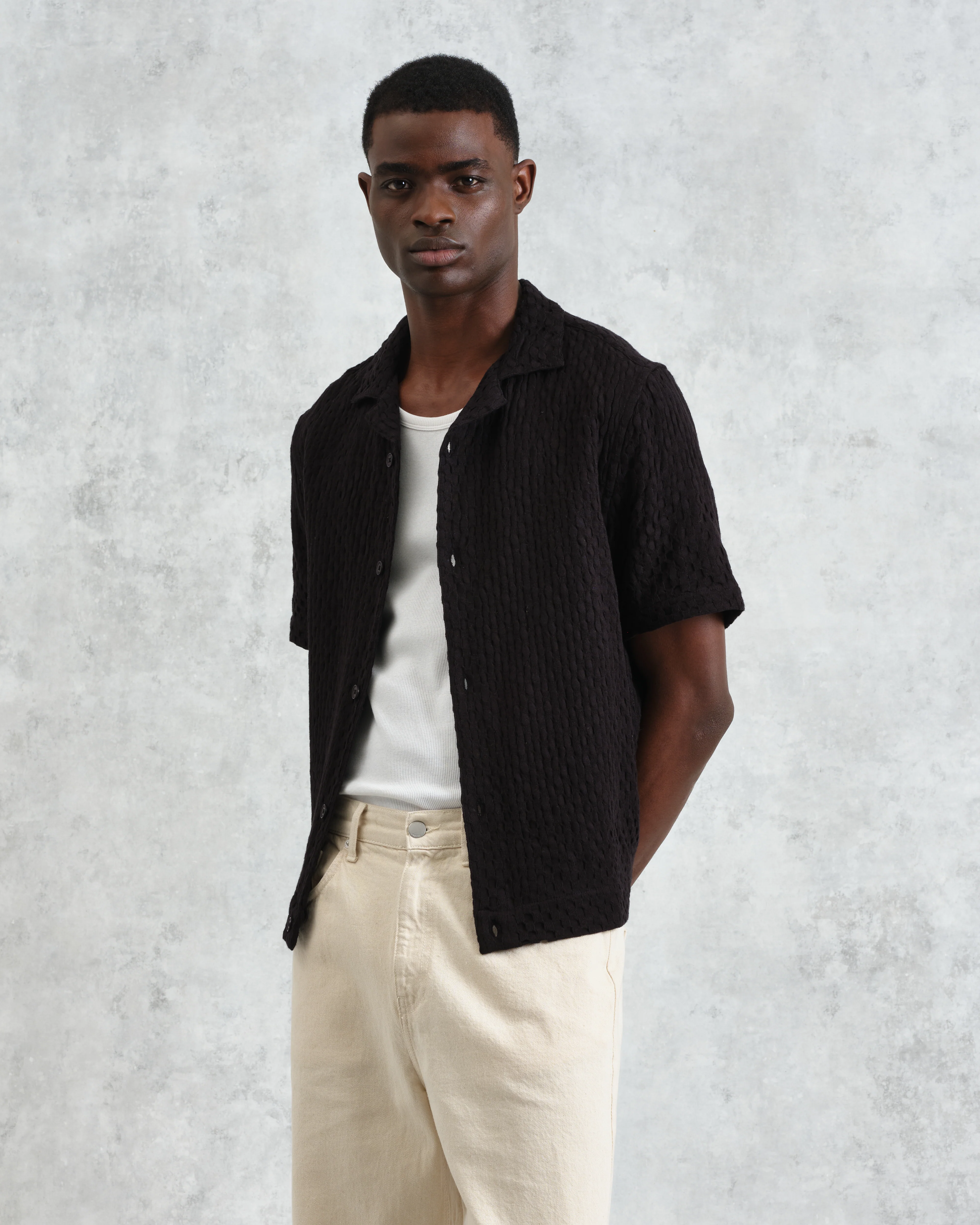 Lido - Black Dobby Cotton Weave Short-Sleeve Shirt - Image 7