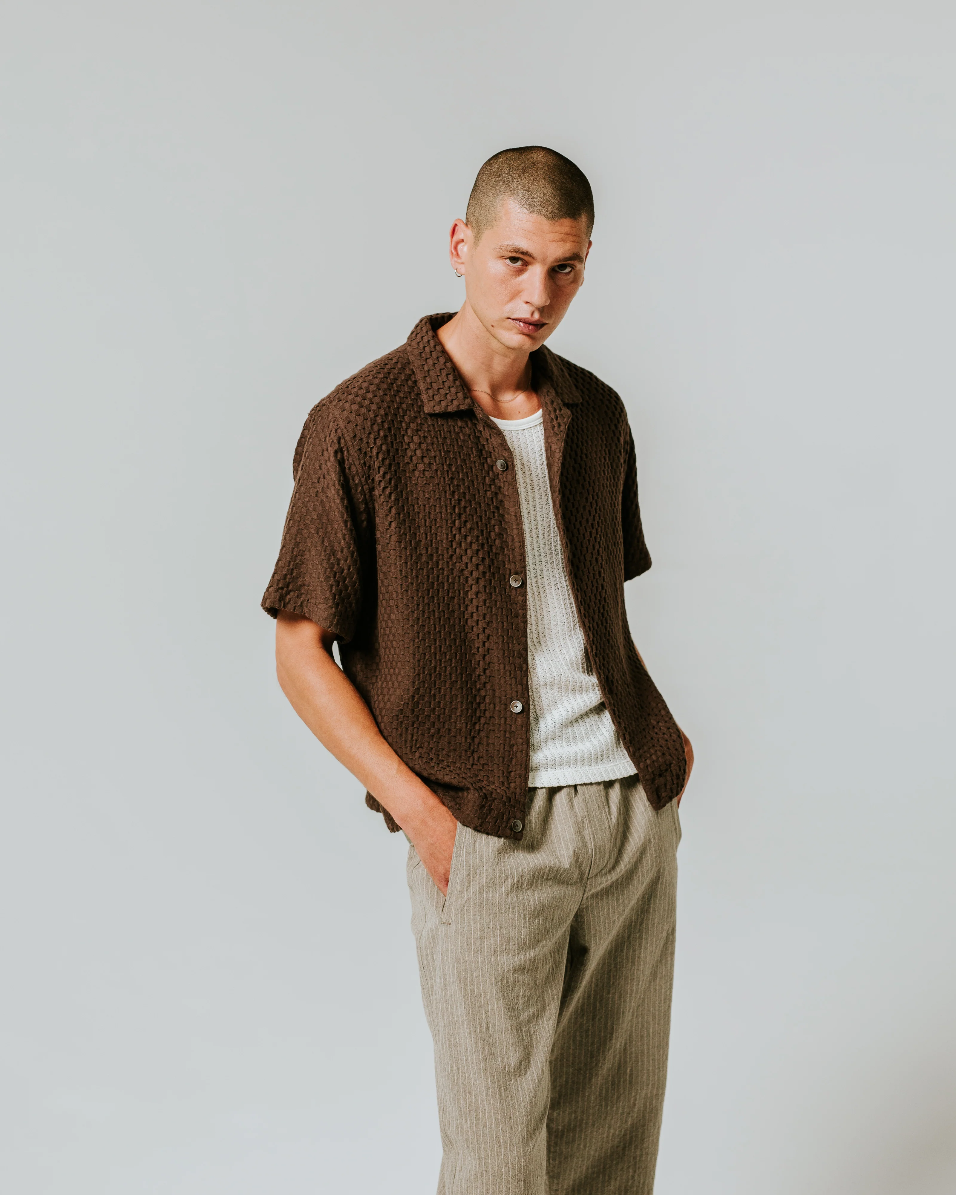 Lido - Brown Dobby Cotton Weave Short-Sleeve Shirt - Image 2