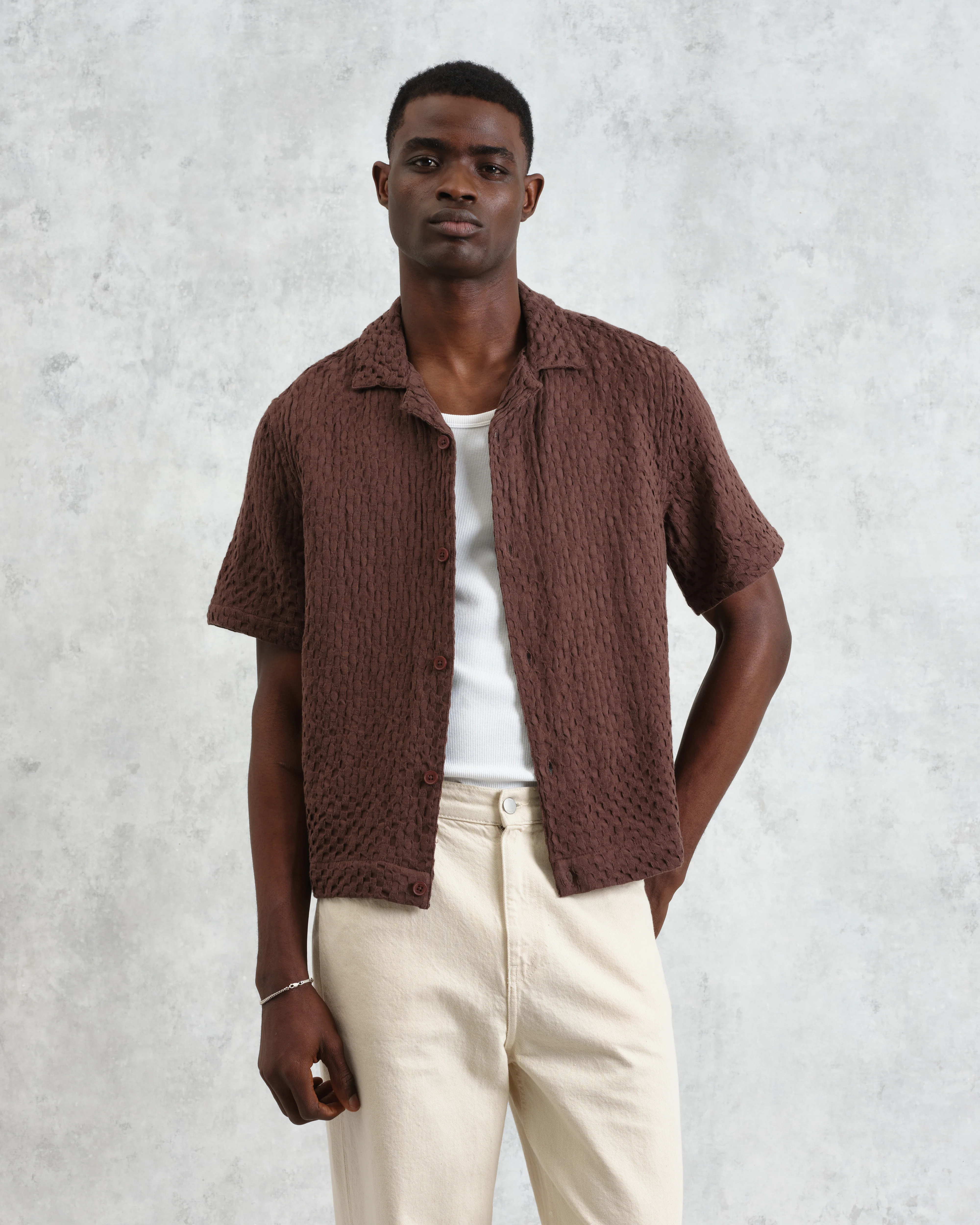 Lido - Brown Dobby Cotton Weave Short-Sleeve Shirt - Image 3