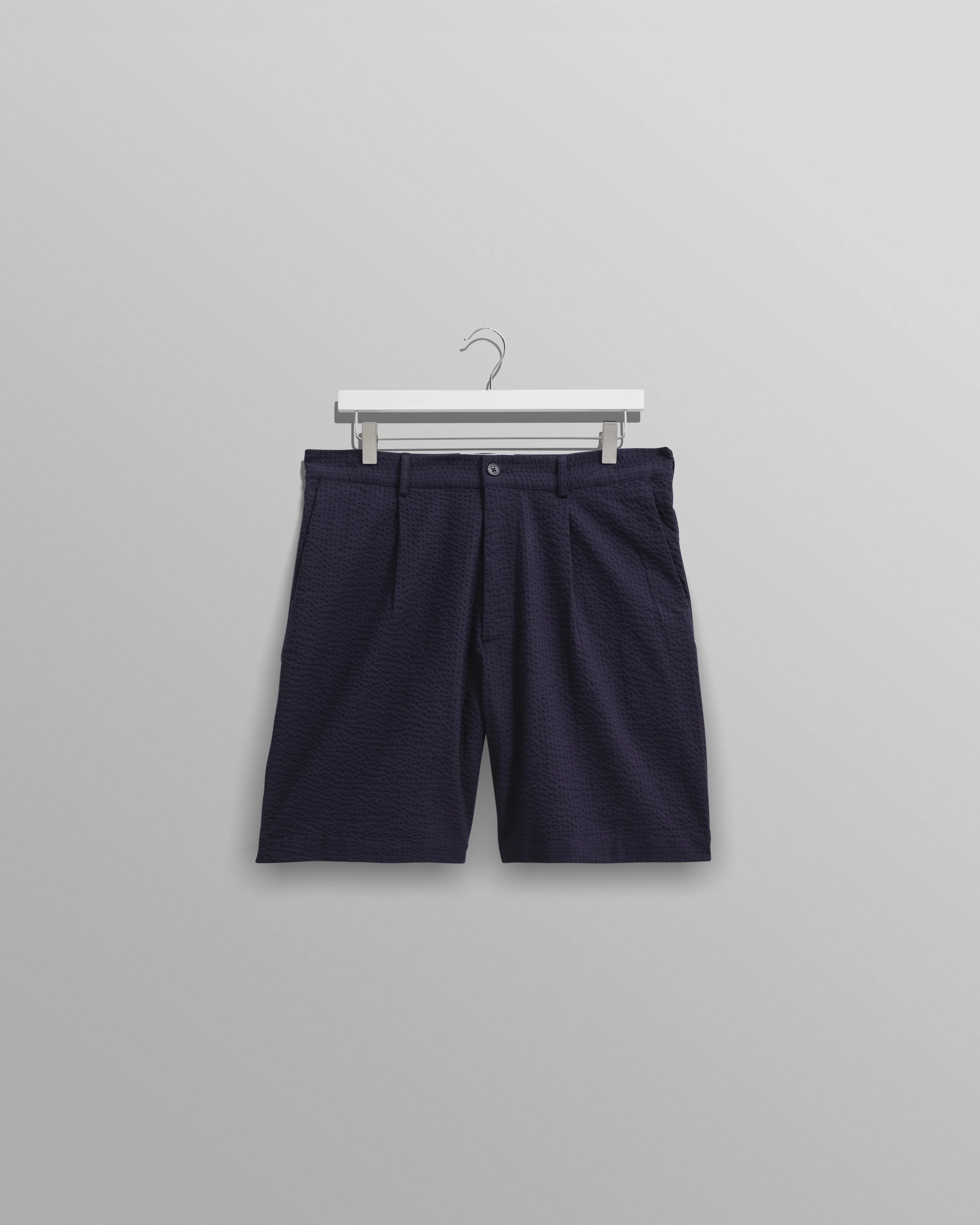 Linton - Navy Cotton Seersucker Pleated Shorts