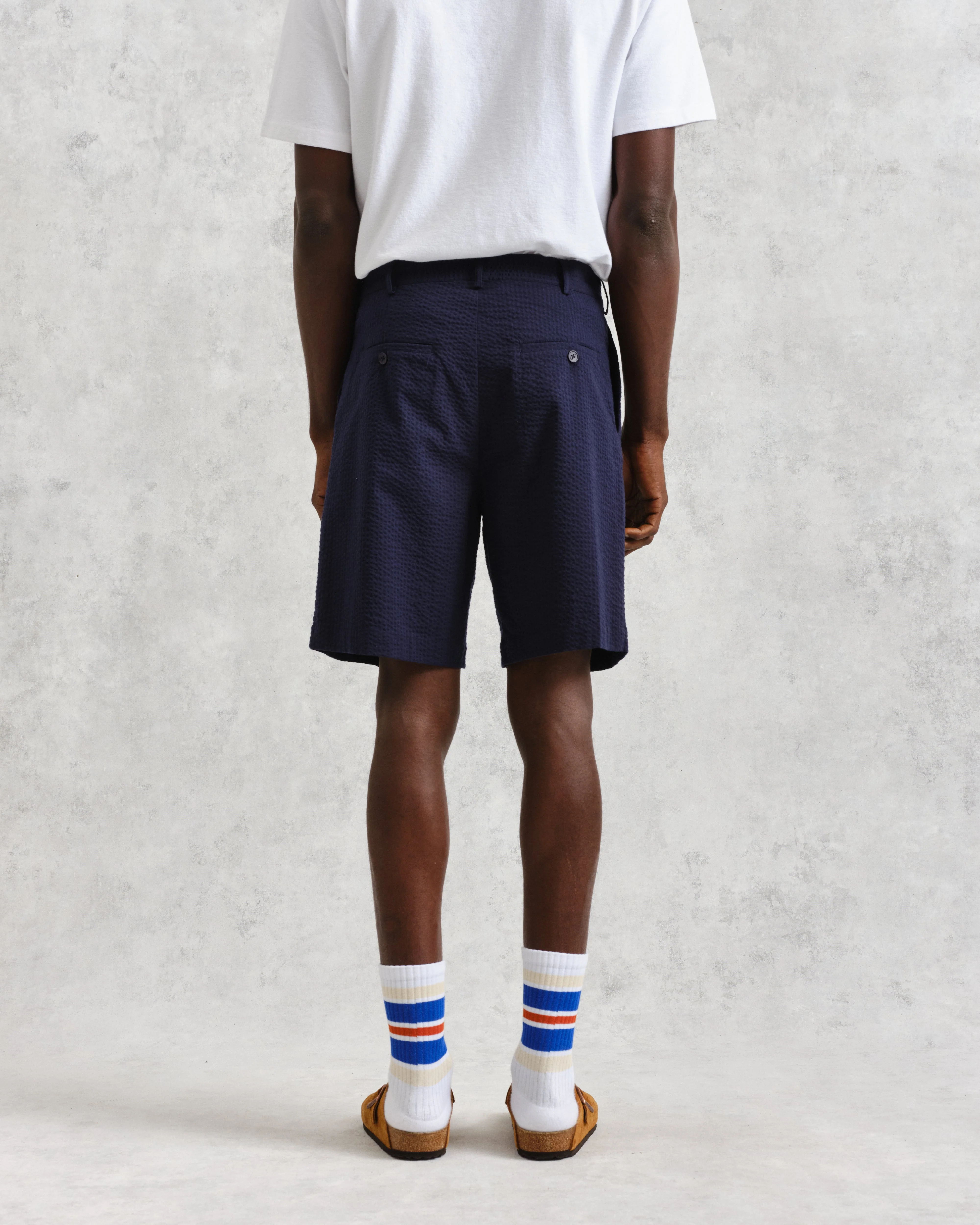 Linton - Navy Cotton Seersucker Pleated Shorts - Image 6