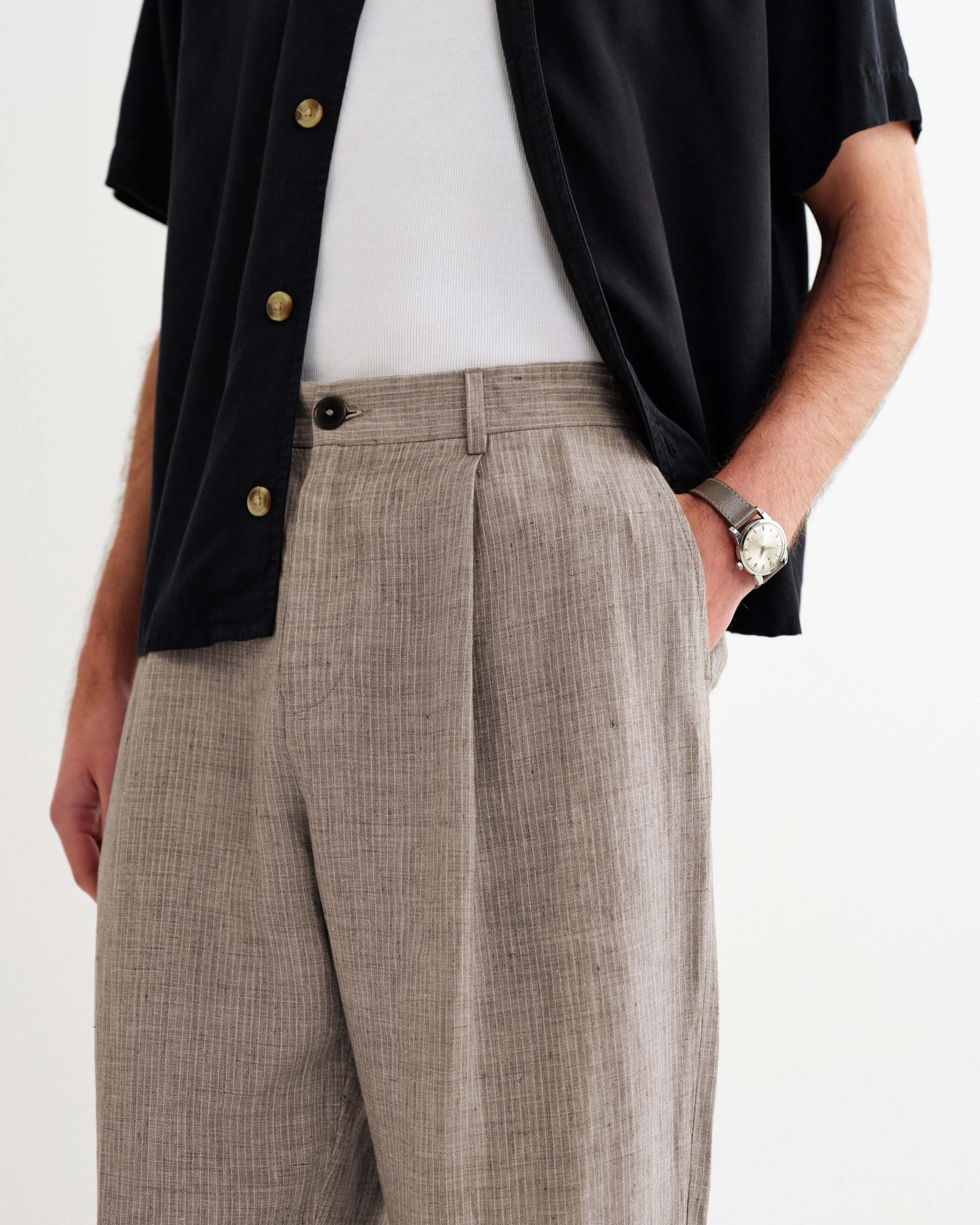 Malham - Natural And Brown Stripe Linen Wide Fit Trousers - Image 5