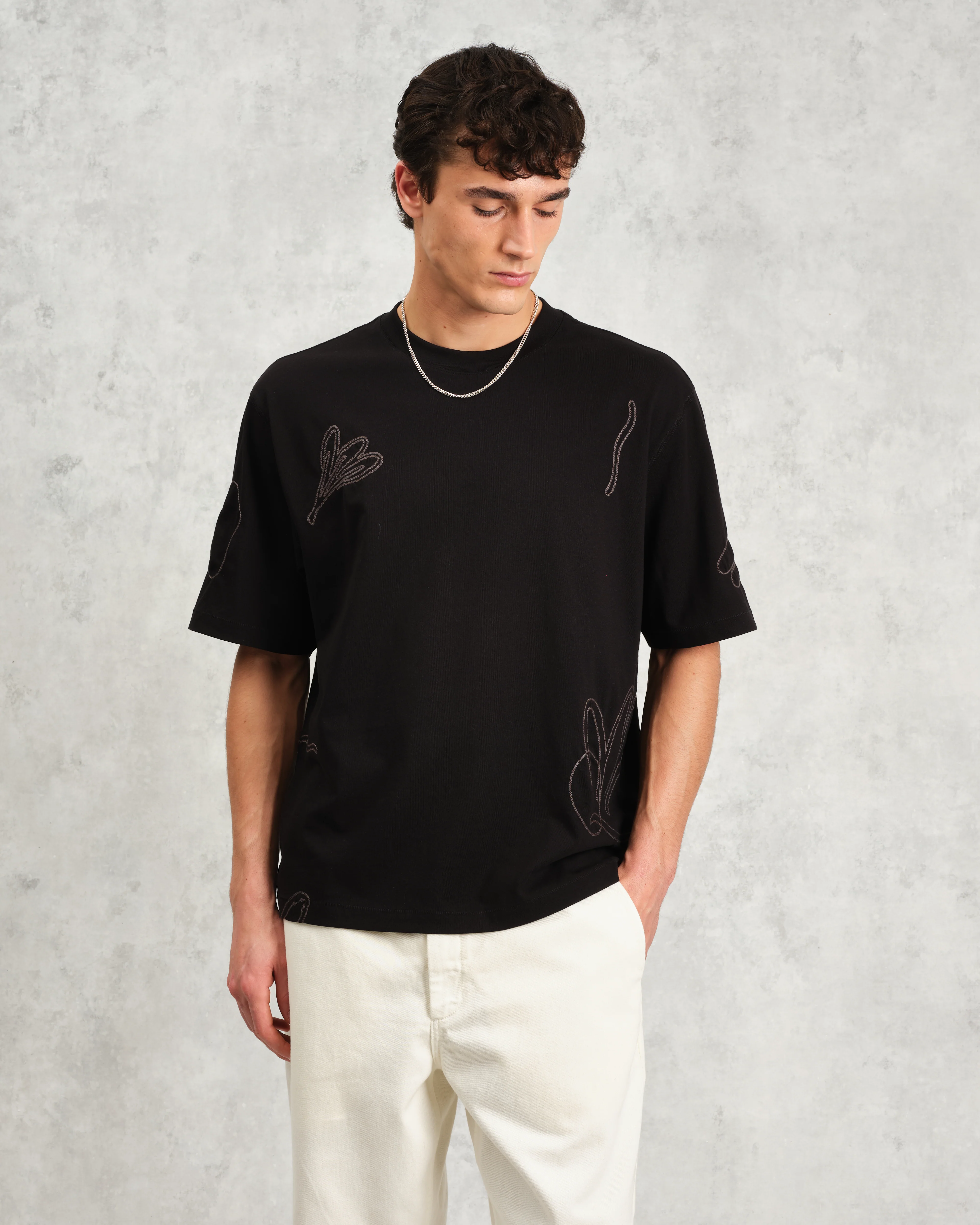 Milton - Black Embroidered Organic Cotton T-Shirt - Image 2