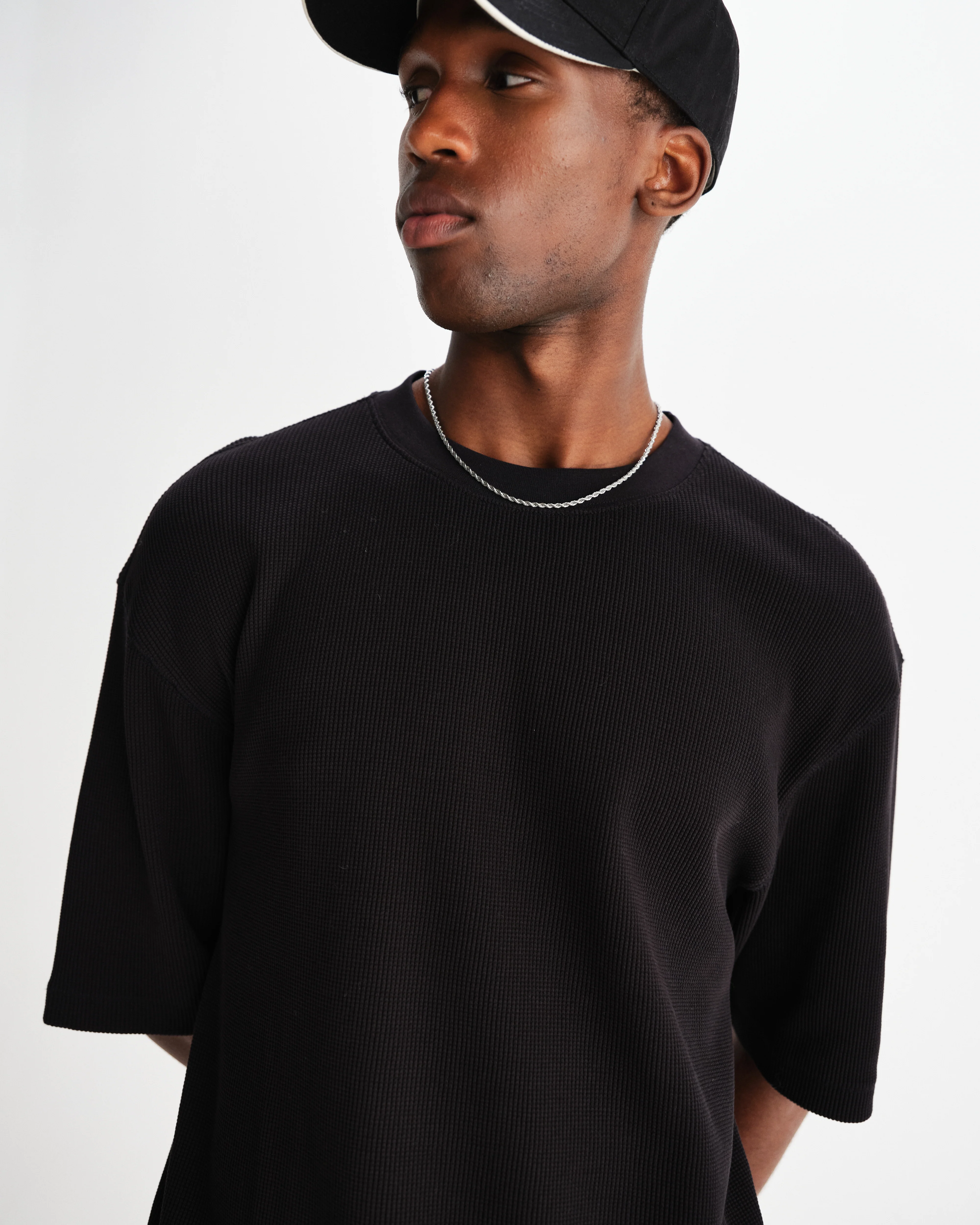 Milton - Black Organic Waffle Cotton T-Shirt - Image 3