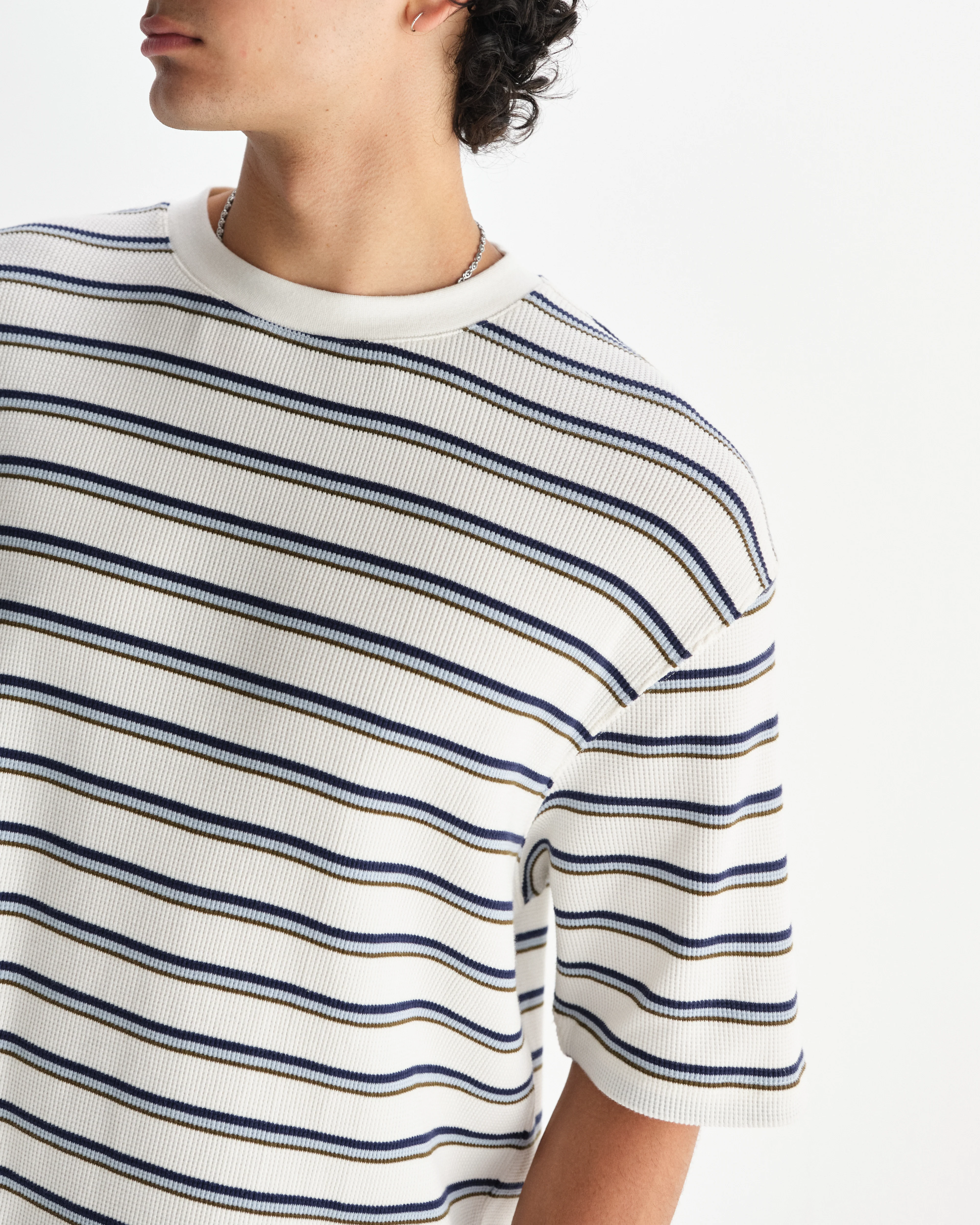Milton - Ecru Organic Stripe Waffle Cotton T-Shirt - Image 3