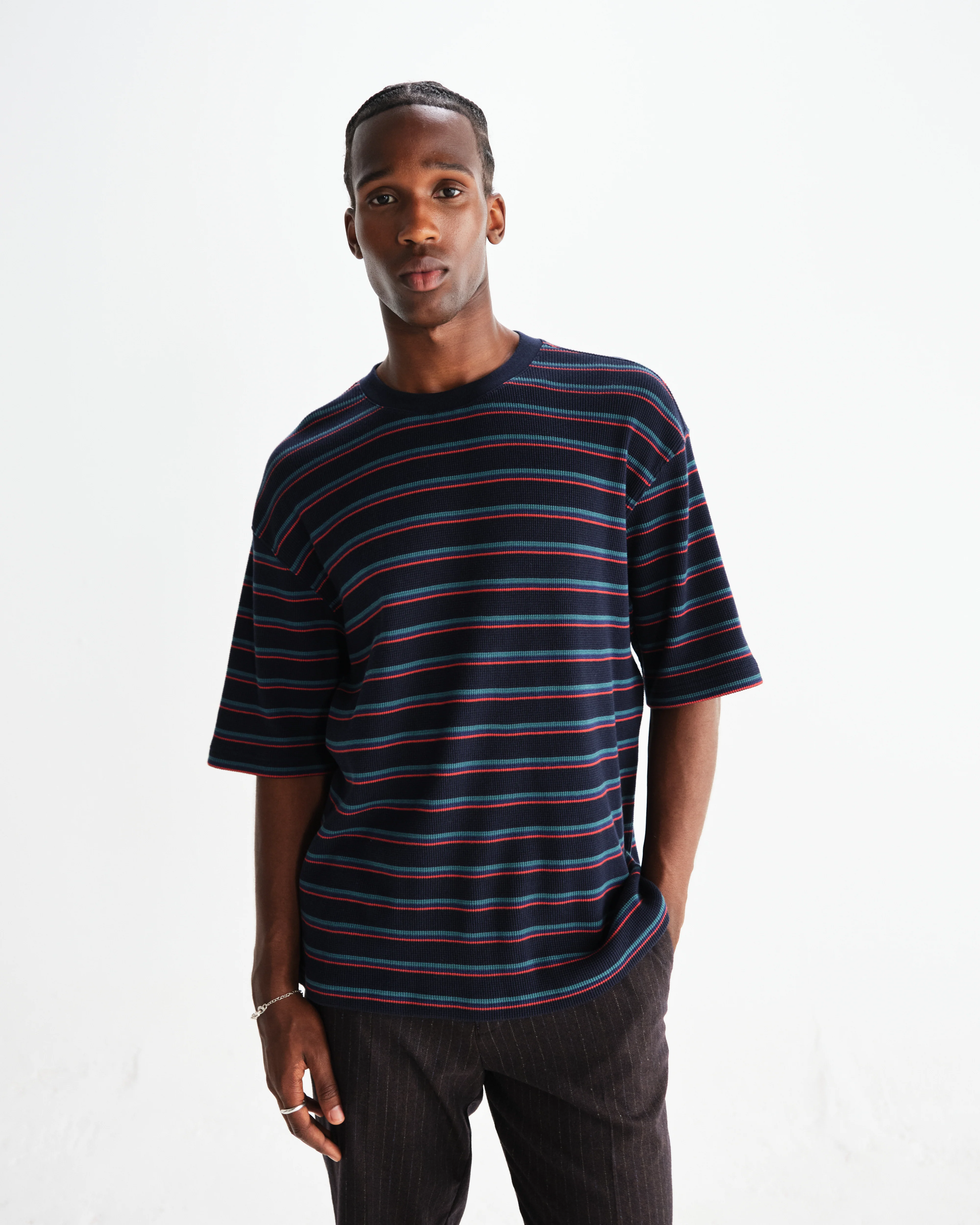 Milton - Navy Organic Stripe Waffle Cotton T-Shirt - Image 2