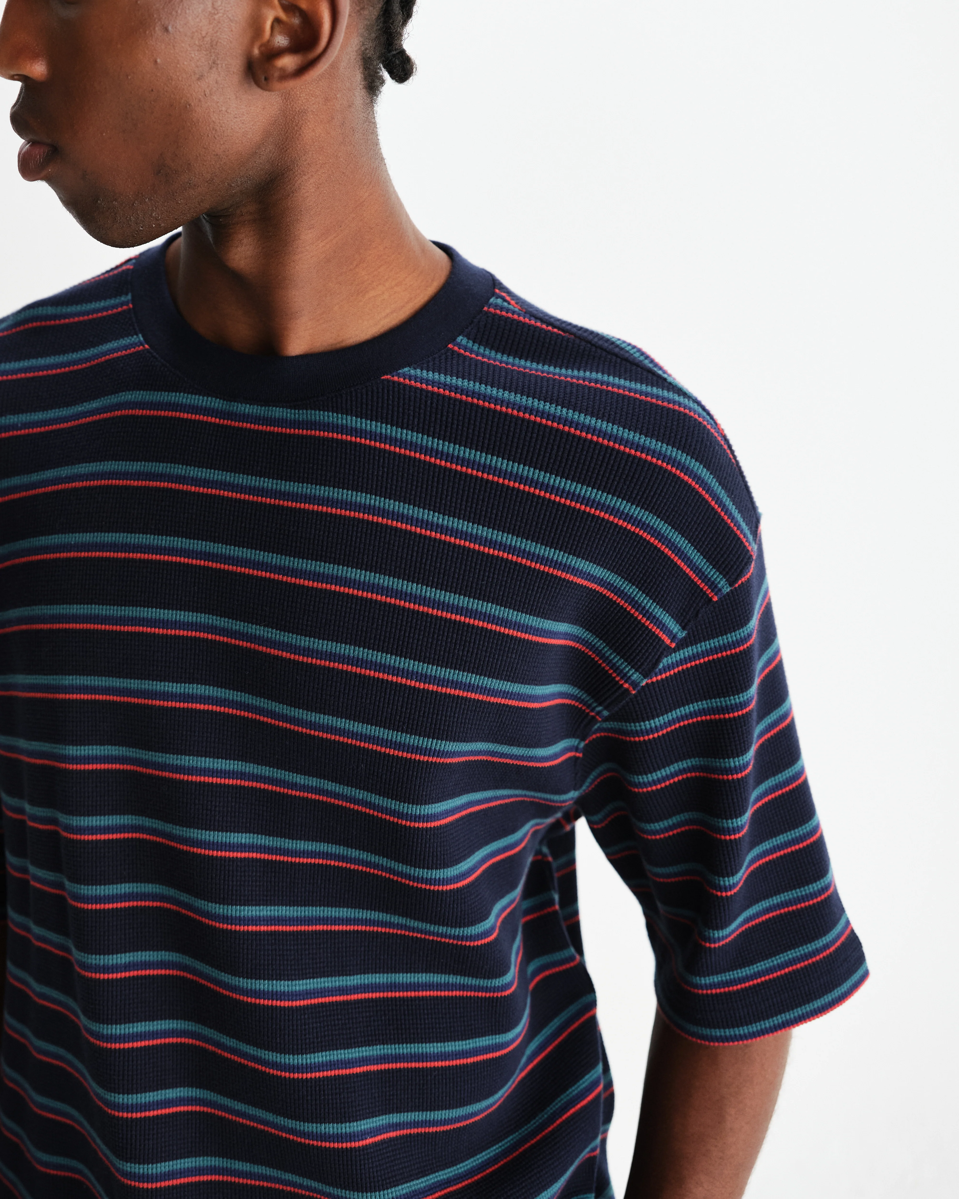 Milton - Navy Organic Stripe Waffle Cotton T-Shirt - Image 3