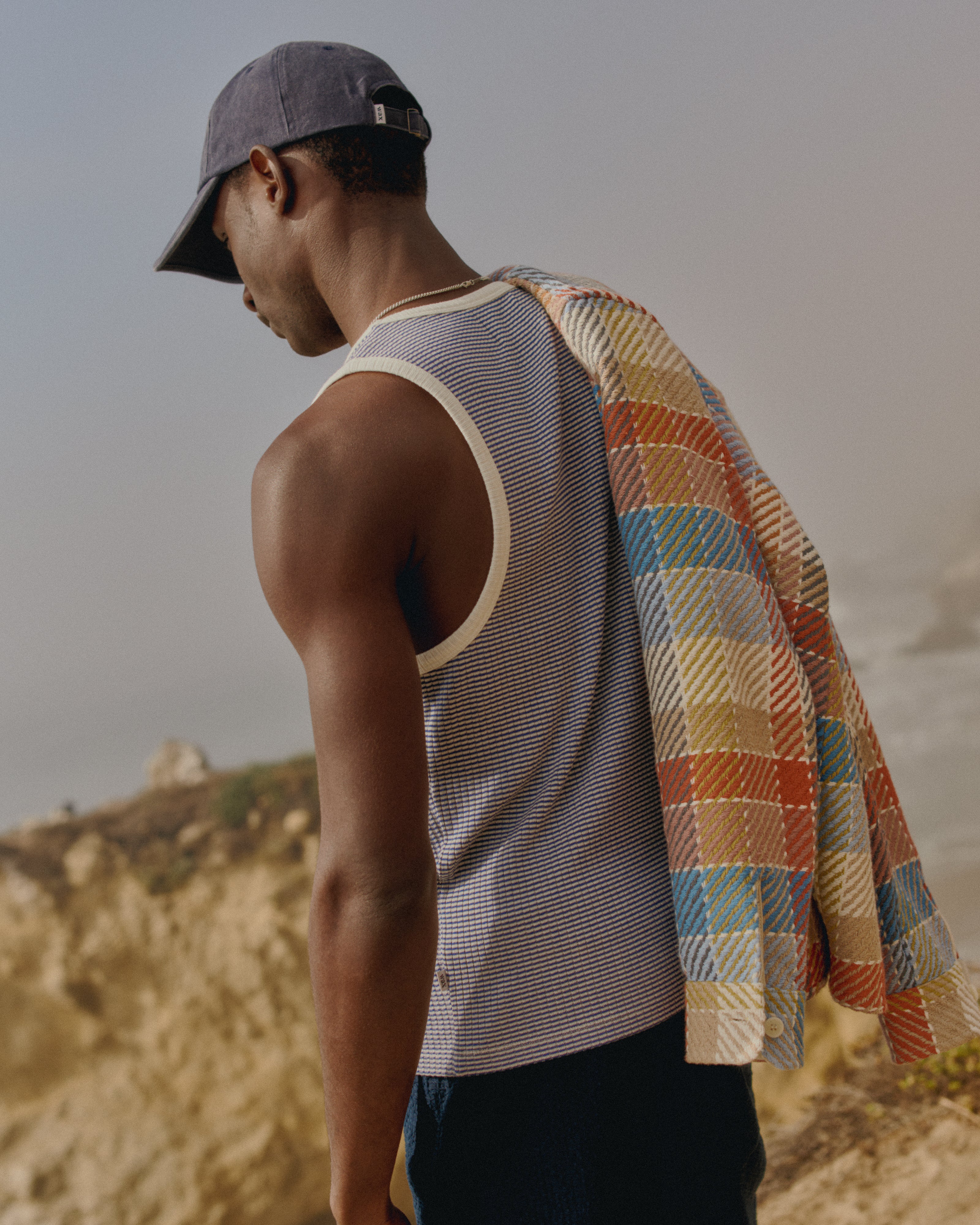 Montague - Blue And Ecru Striped Ribbed Organic Cotton Vest - Image 2