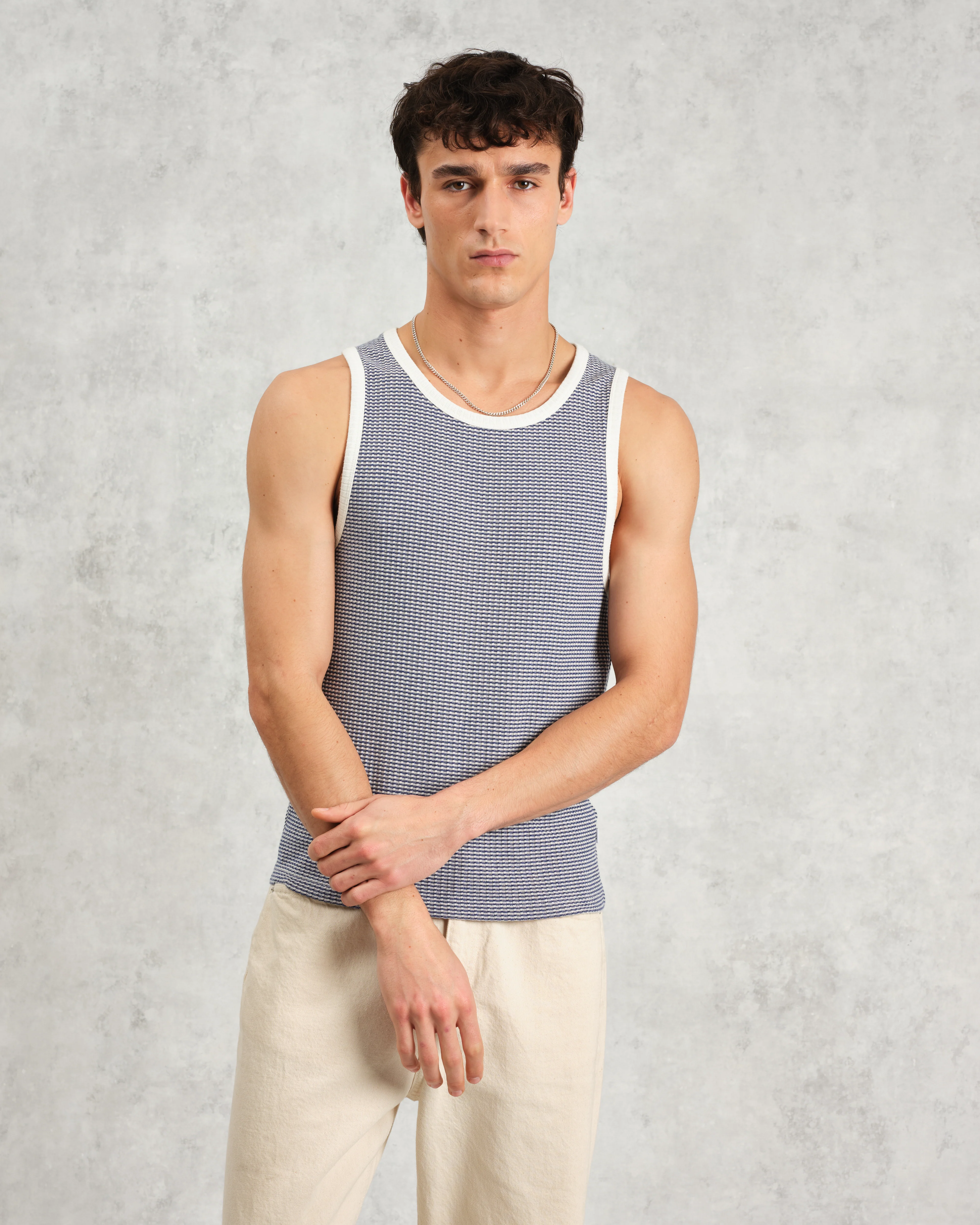 Montague - Blue And Ecru Striped Ribbed Organic Cotton Vest - Image 3