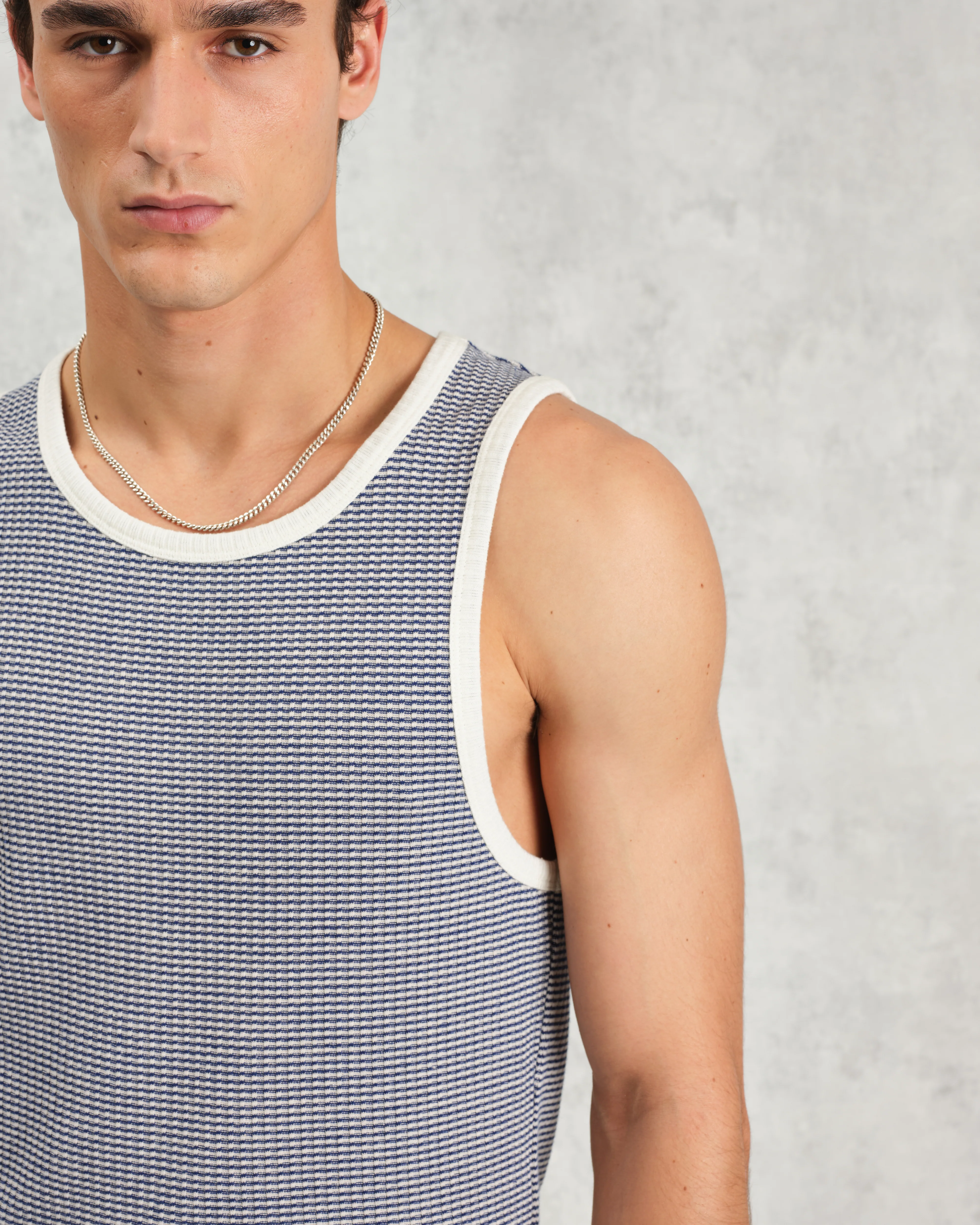 Montague - Blue And Ecru Striped Ribbed Organic Cotton Vest - Image 4