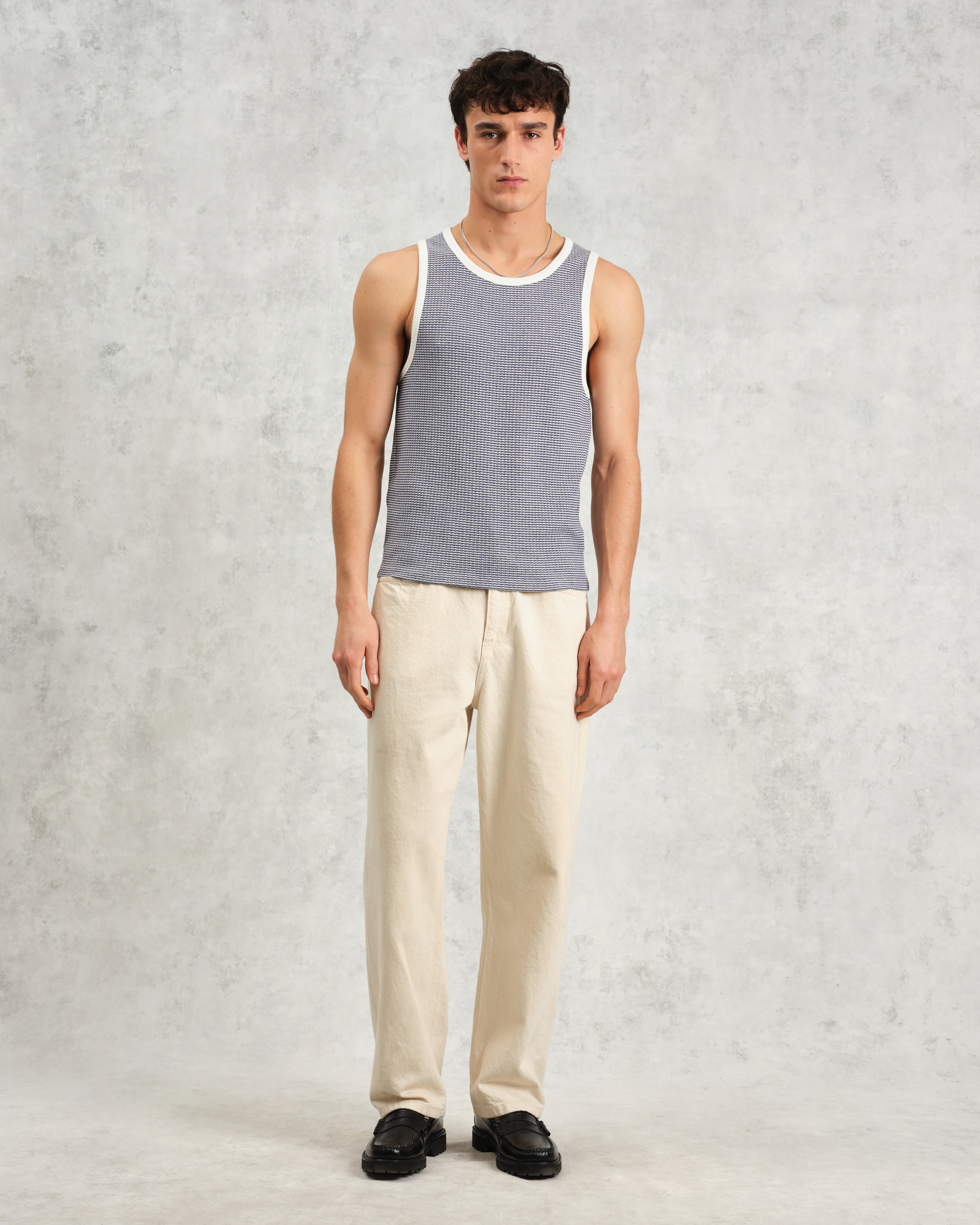 Montague - Blue And Ecru Striped Ribbed Organic Cotton Vest - Image 5