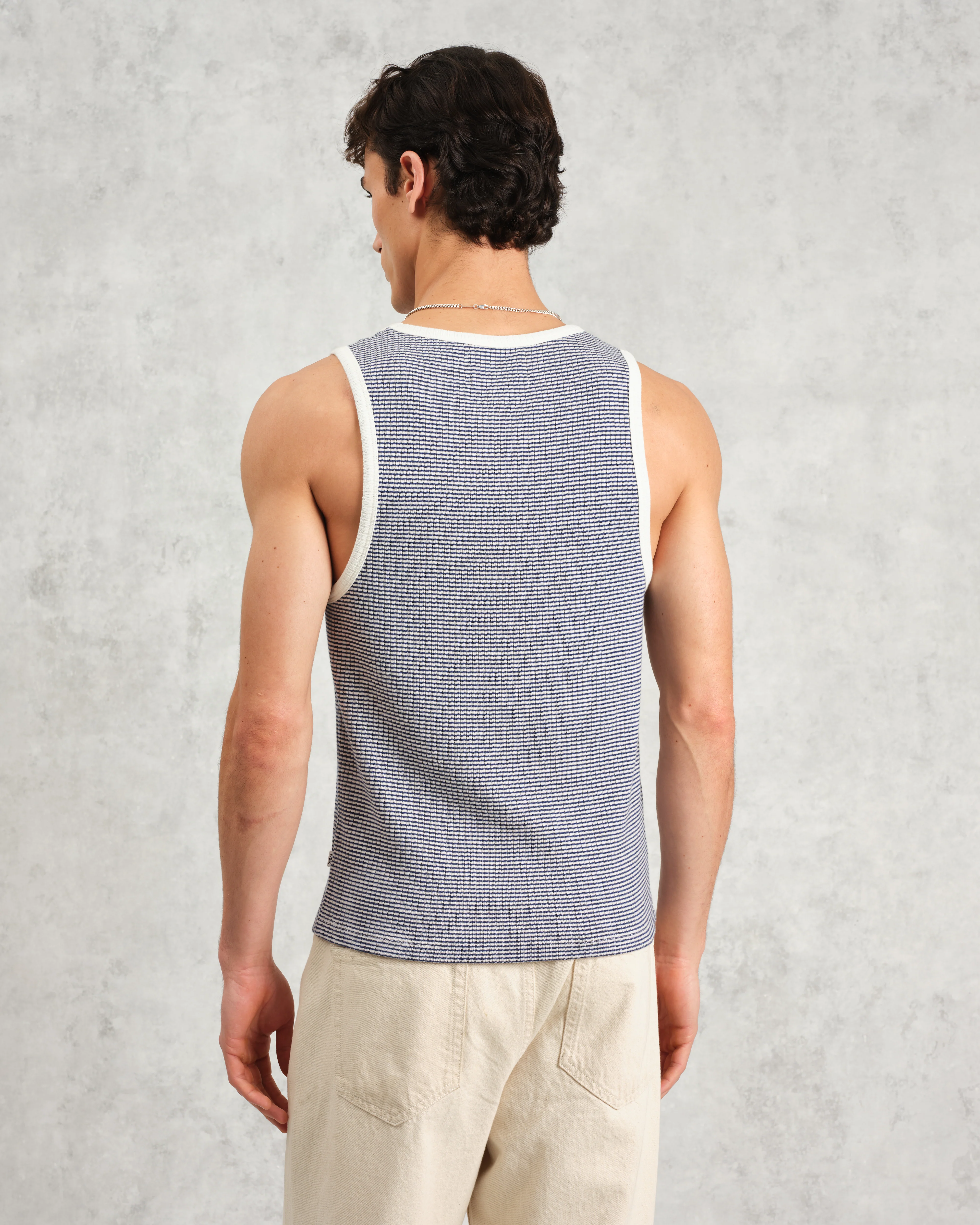 Montague - Blue And Ecru Striped Ribbed Organic Cotton Vest - Image 8