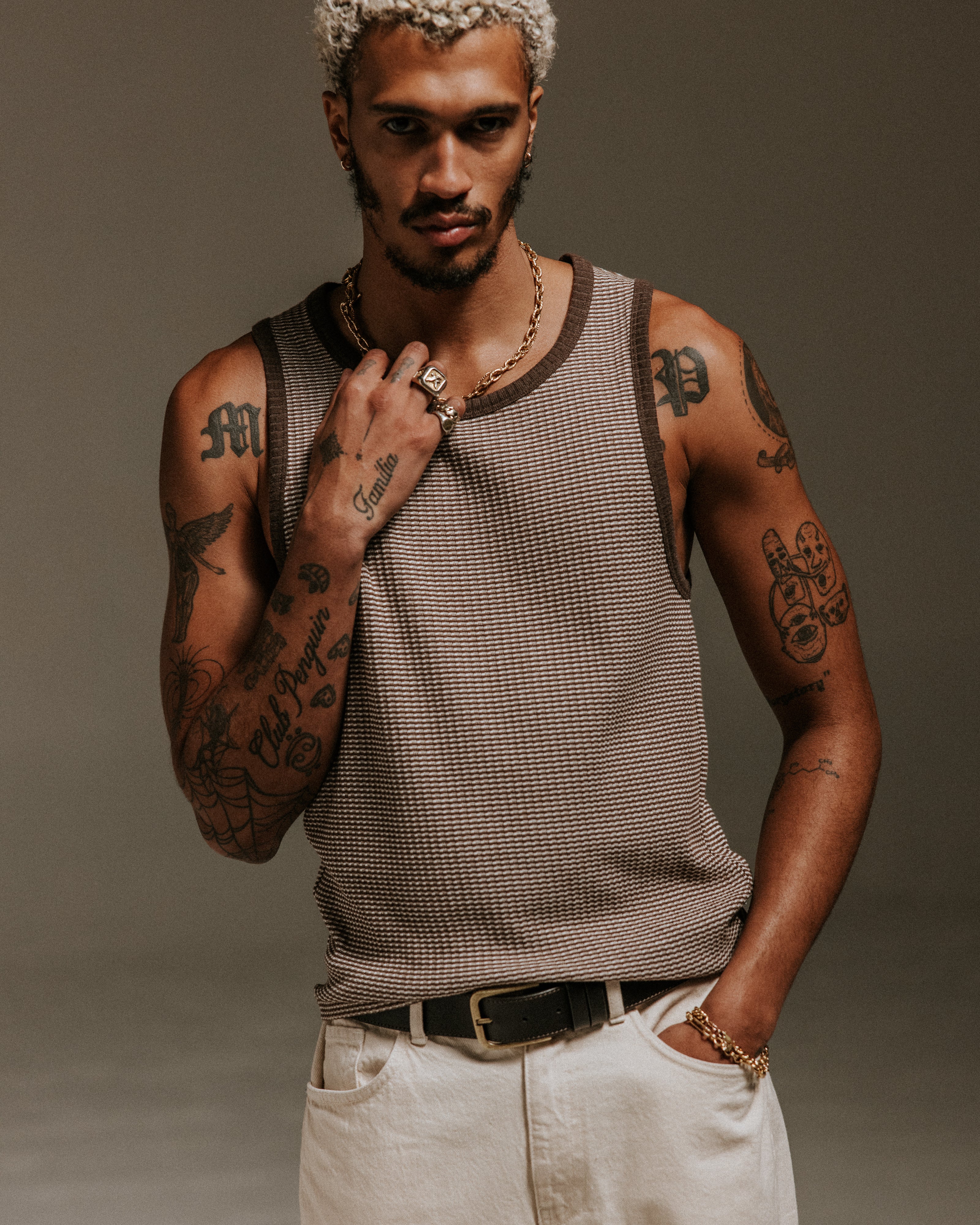 Montague - Brown And Ecru Striped Ribbed Organic Cotton Vest - Image 2