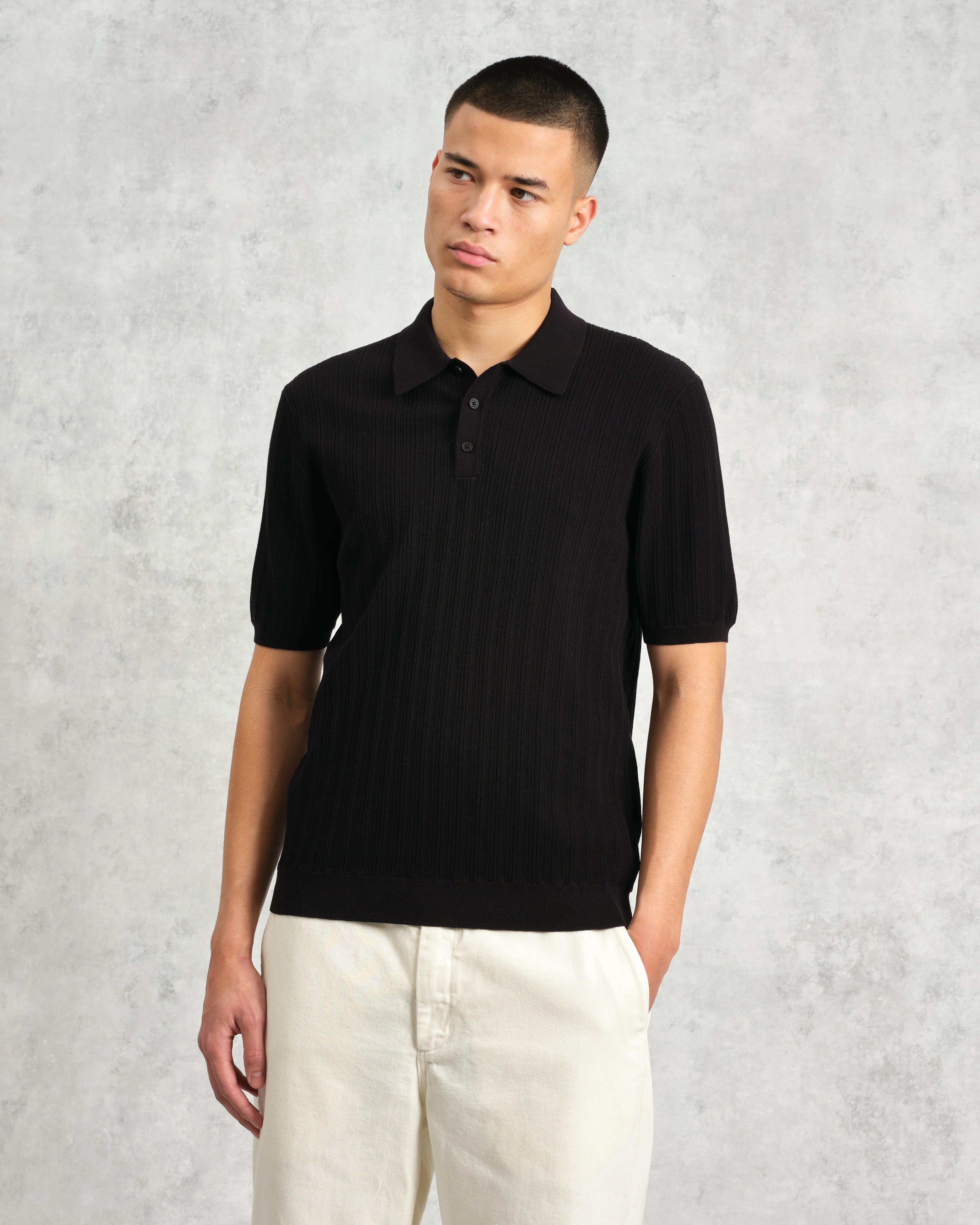 Naples - Black Textured Knitted Polo Shirt - Image 2