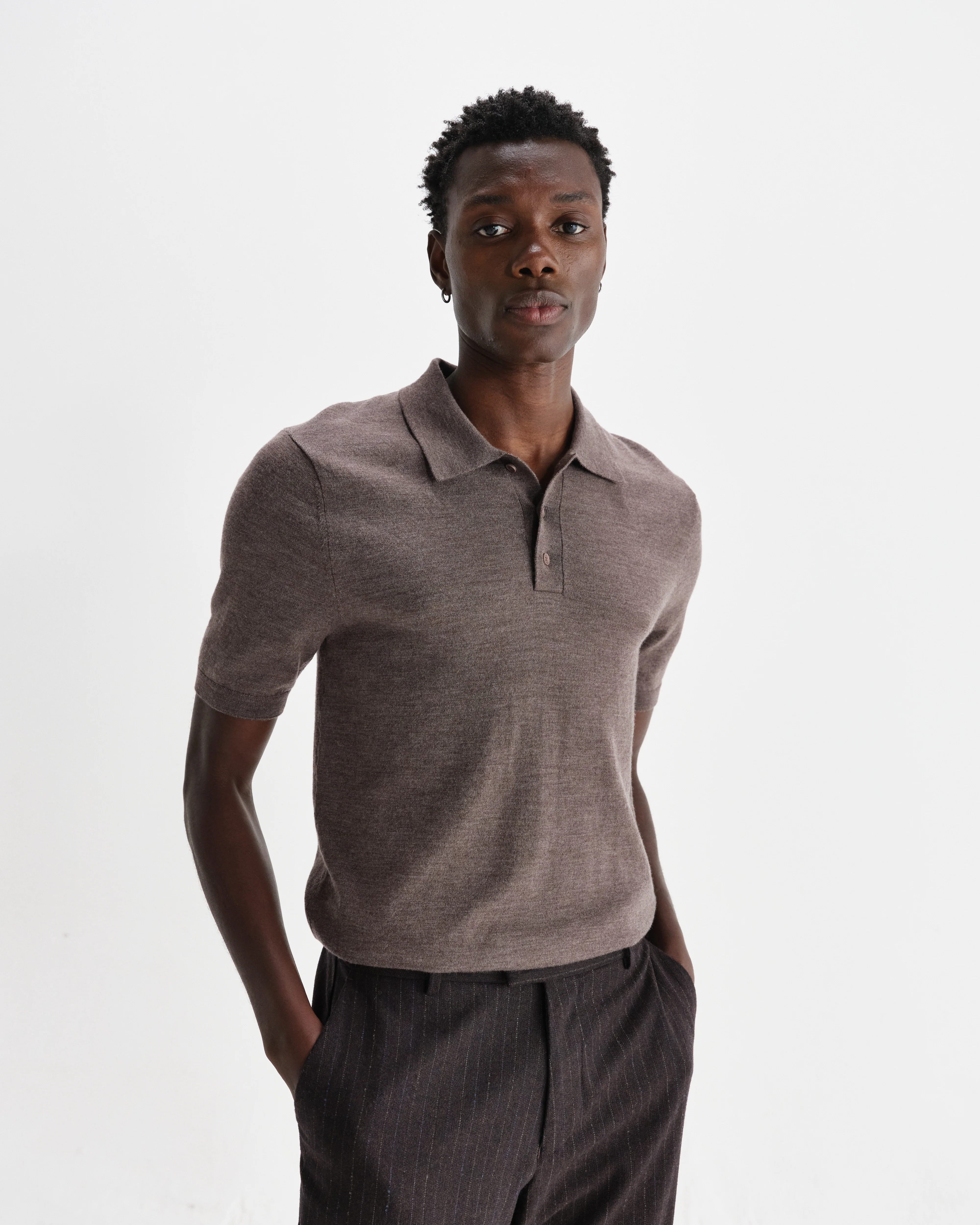 Naples - Brown Marl Worsted Wool Knitted Polo - Image 3