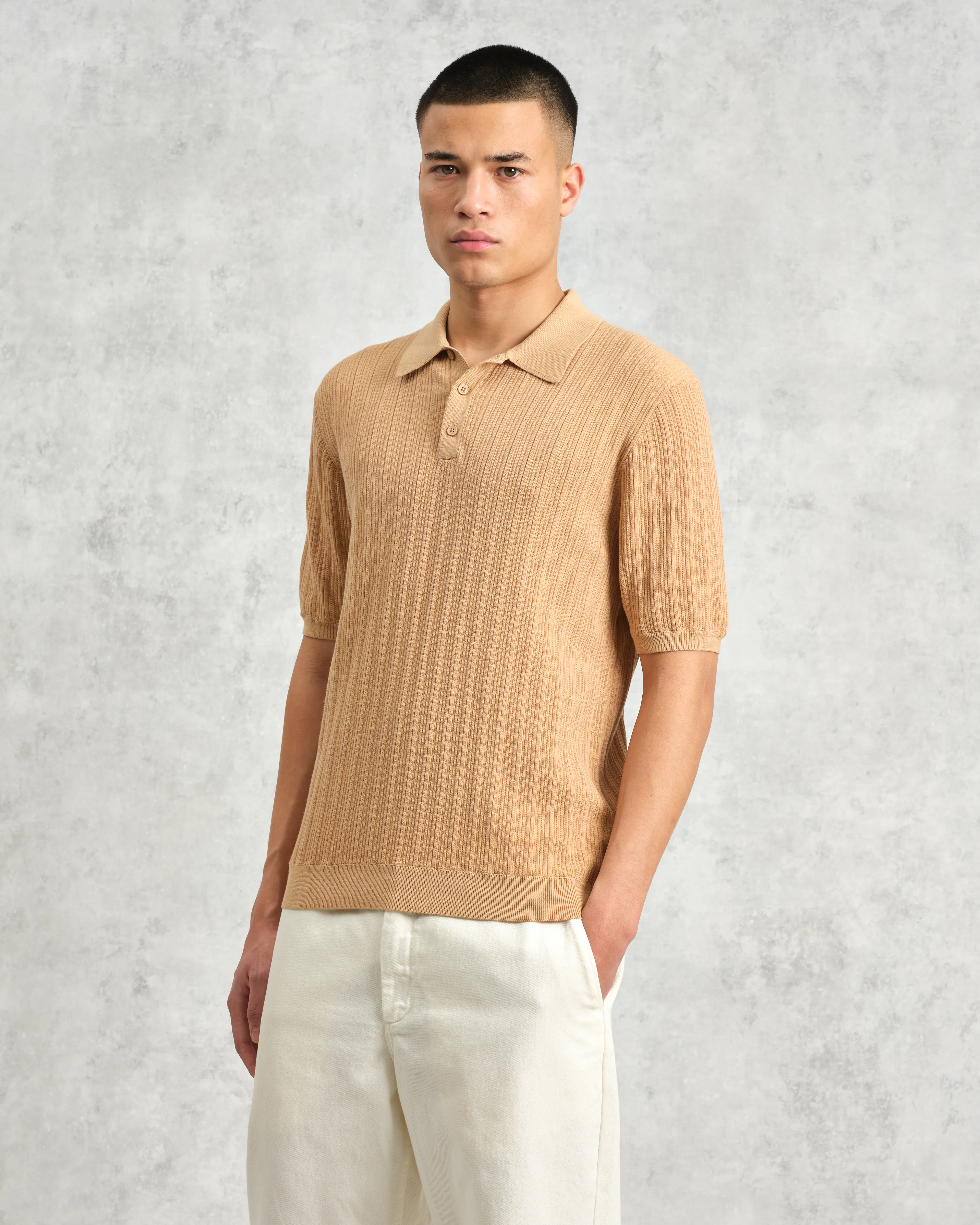 Naples - Camel Textured Knitted Polo Shirt - Image 2