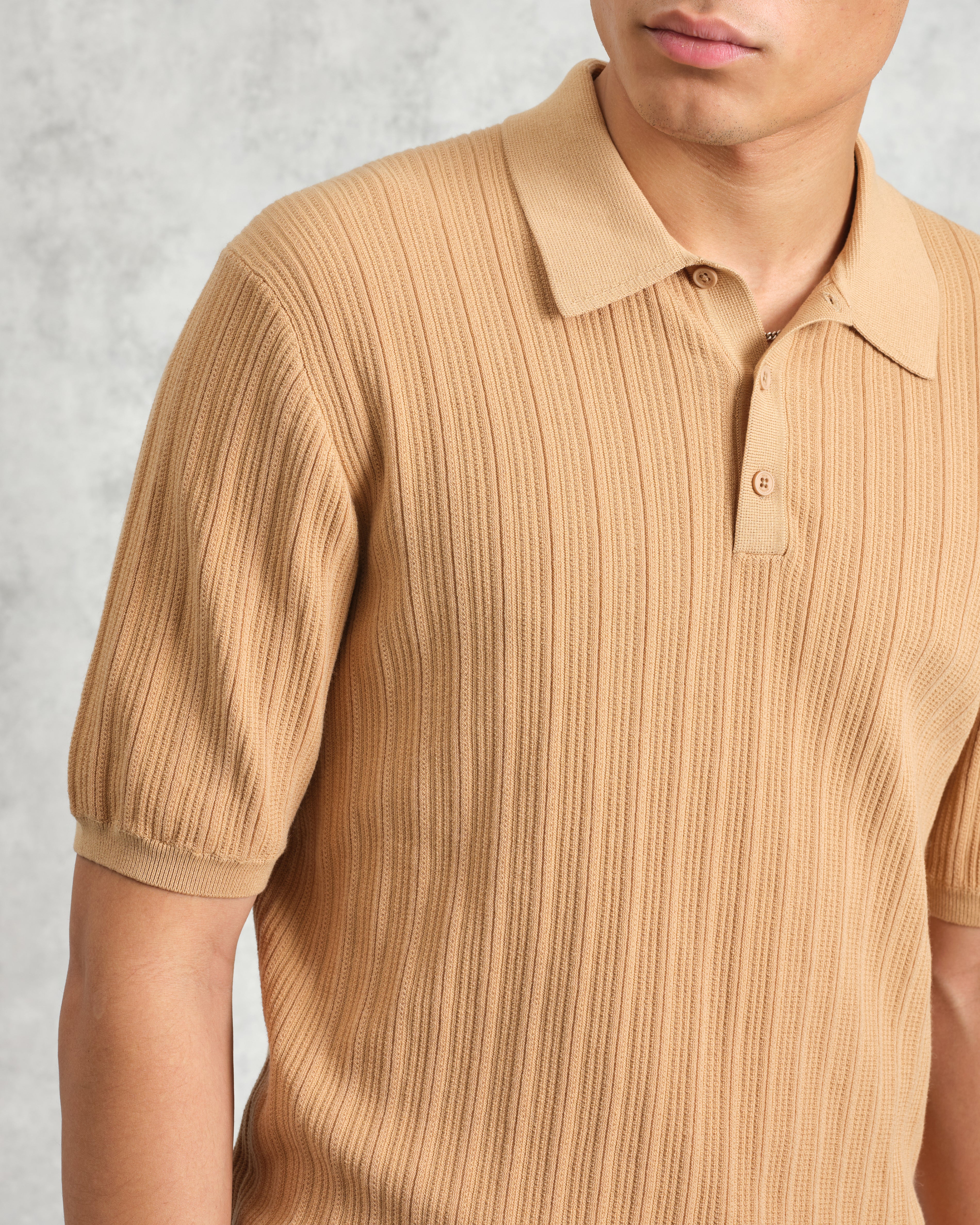 Naples - Camel Textured Knitted Polo Shirt - Image 3
