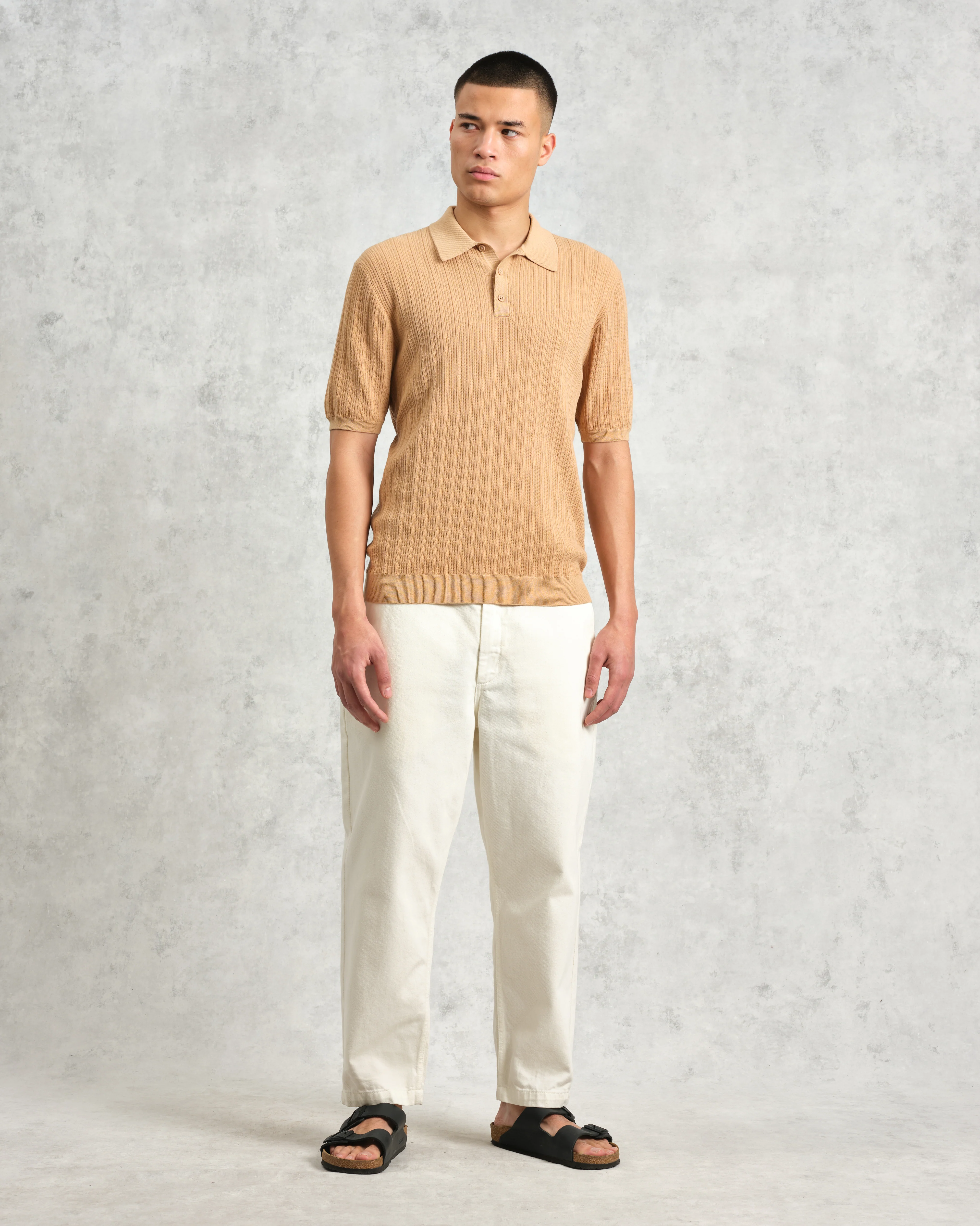 Naples - Camel Textured Knitted Polo Shirt - Image 4