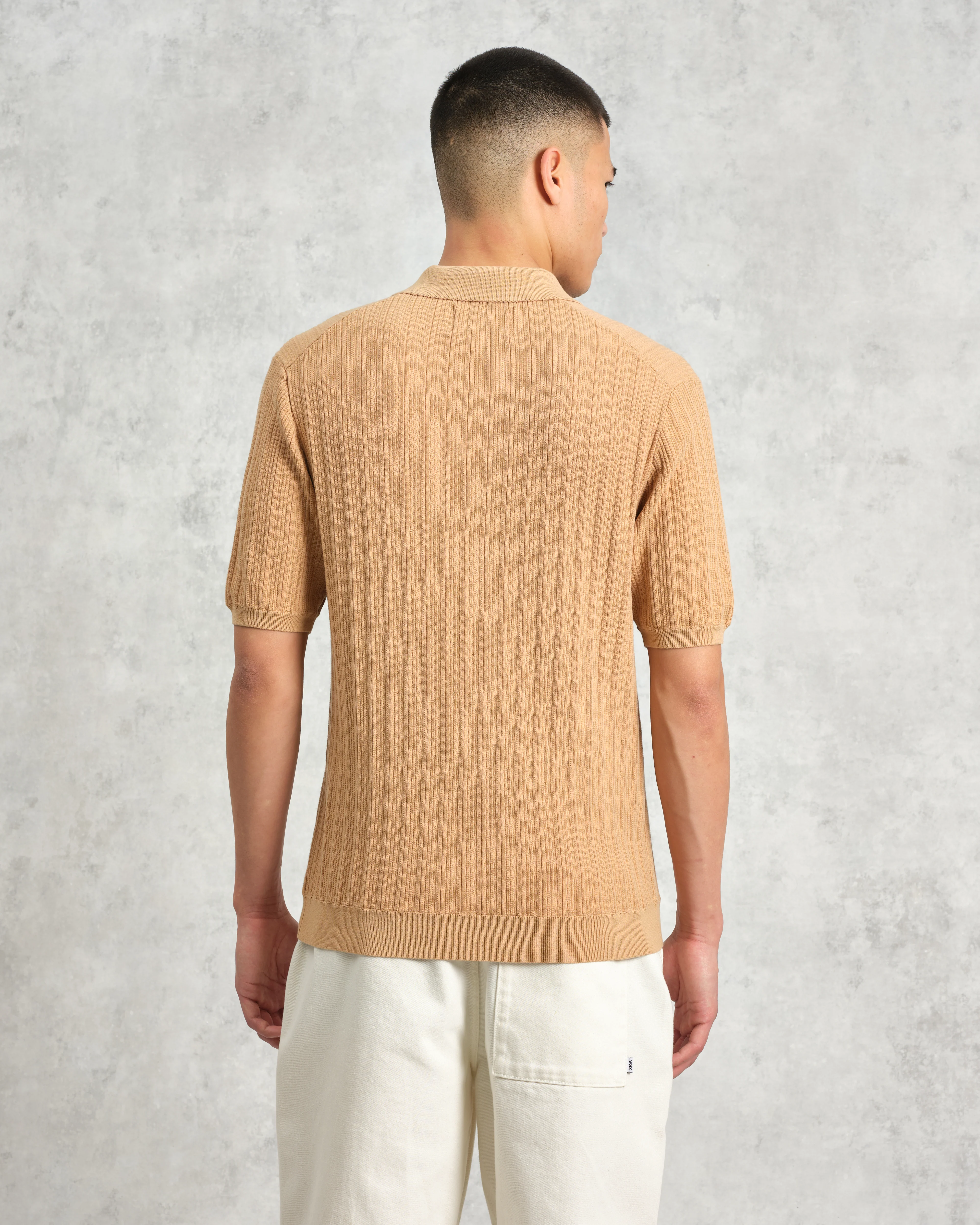 Naples - Camel Textured Knitted Polo Shirt - Image 7